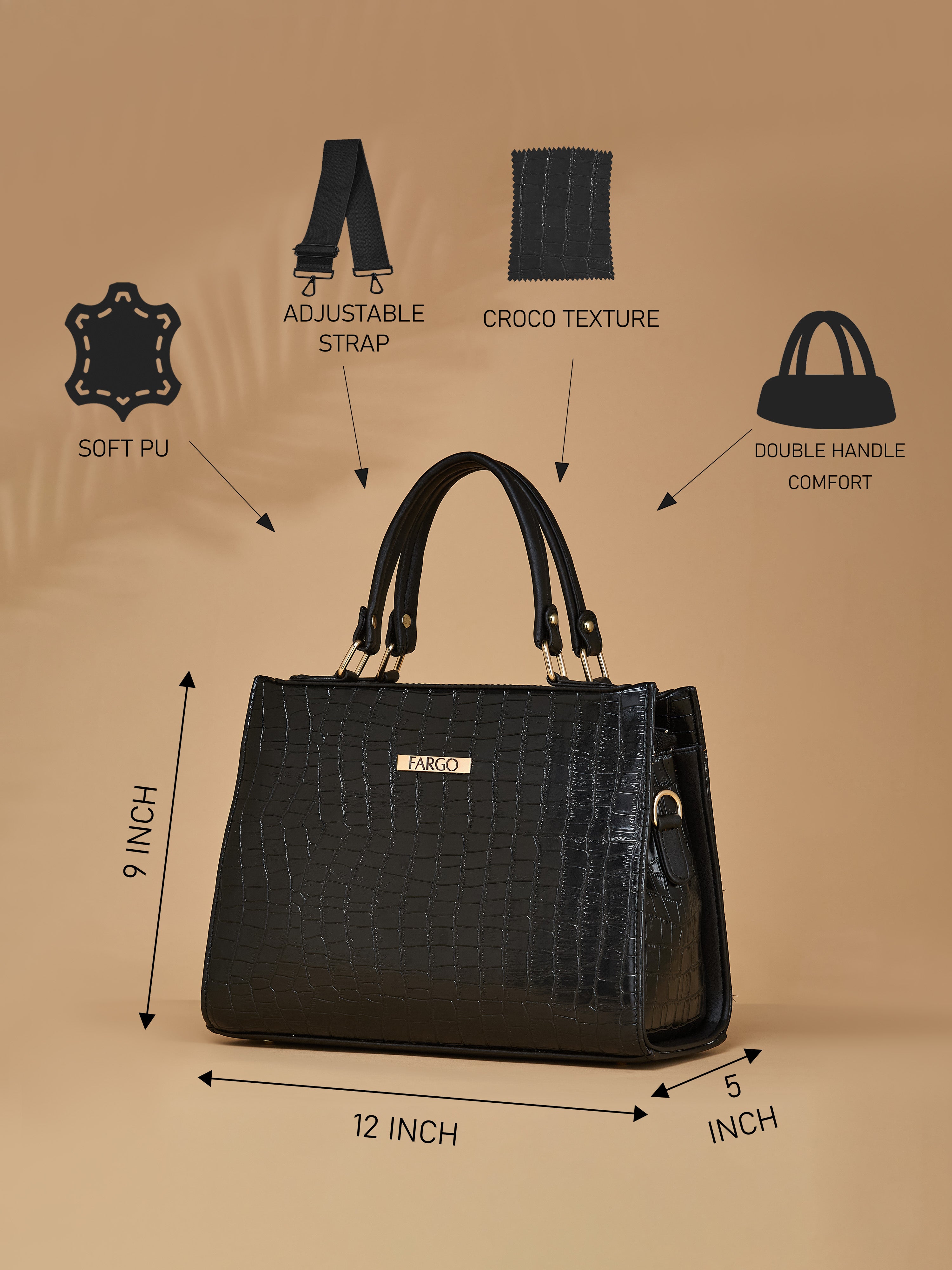 Croco Vegan Leather Black Women's Handbag