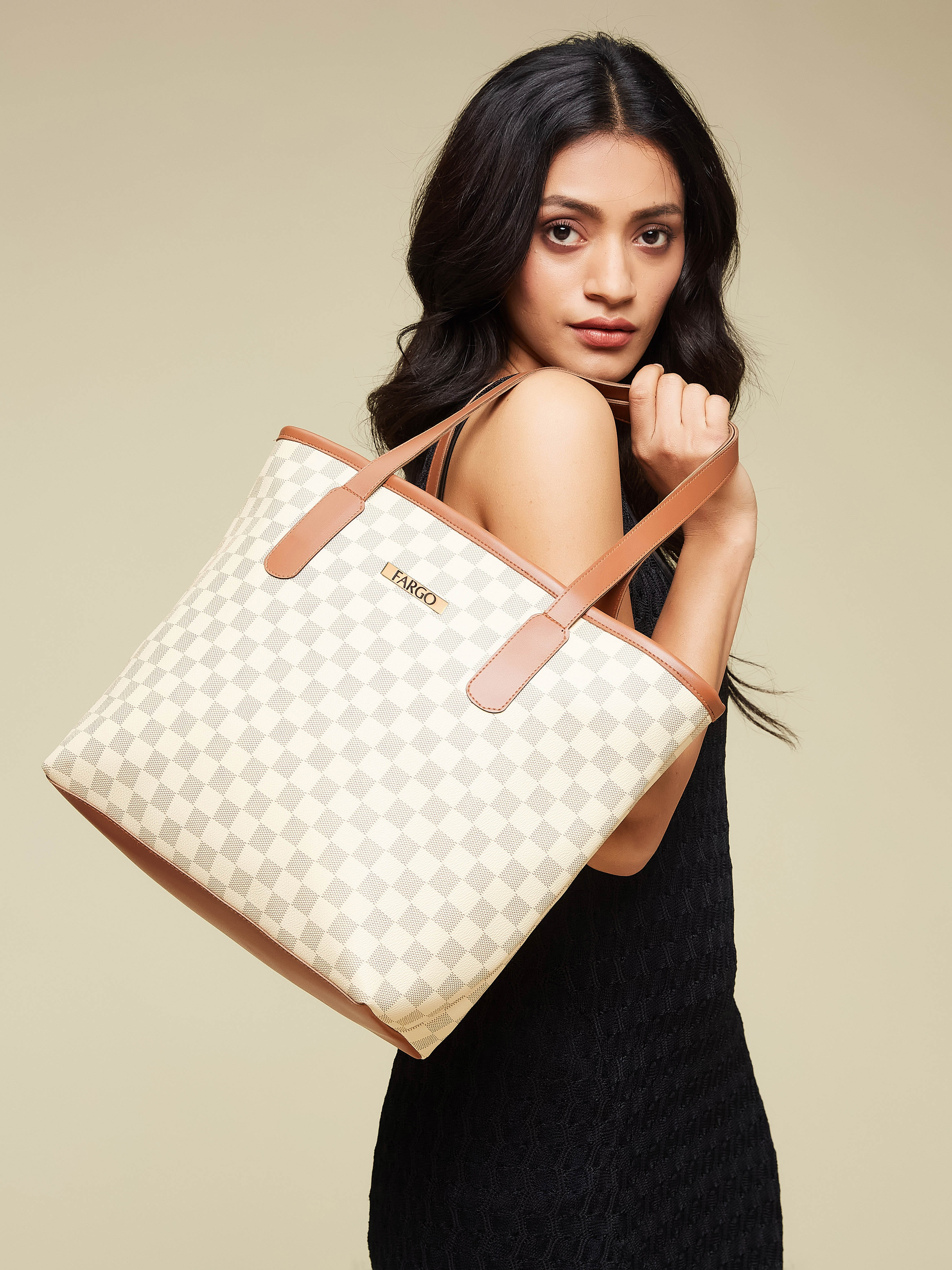 Checkered Vegan Leather Beige Women's Tote