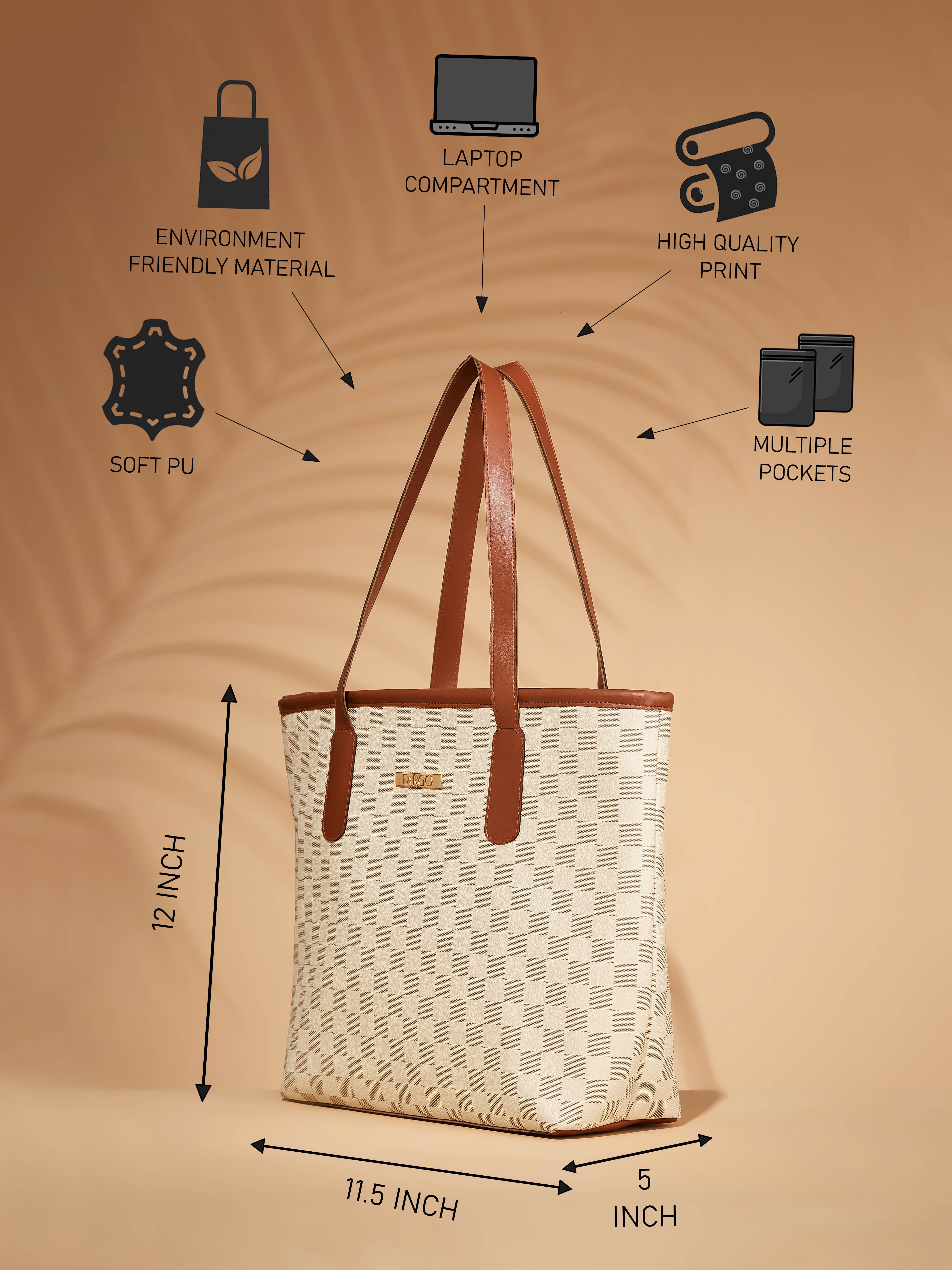 Checkered Vegan Leather Beige Women's Tote