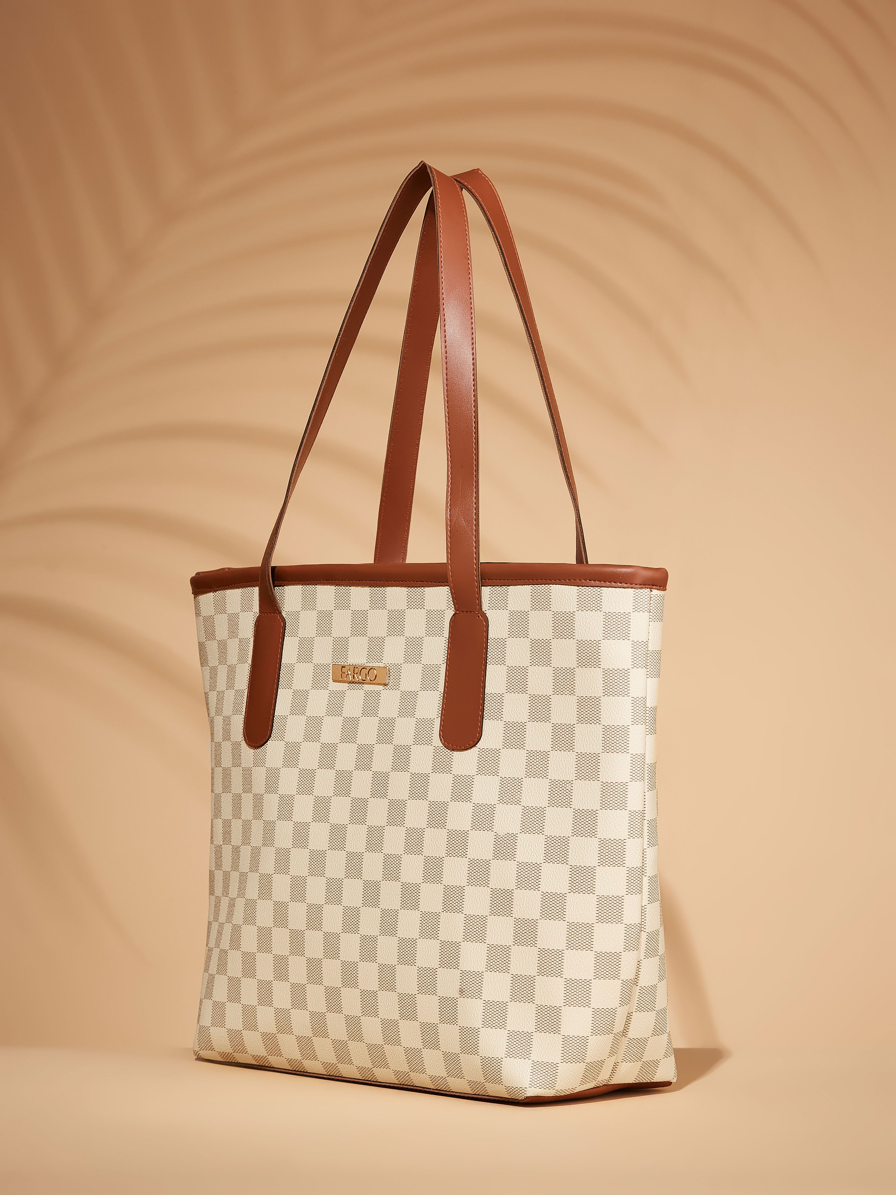 Checkered Vegan Leather Beige Women's Tote