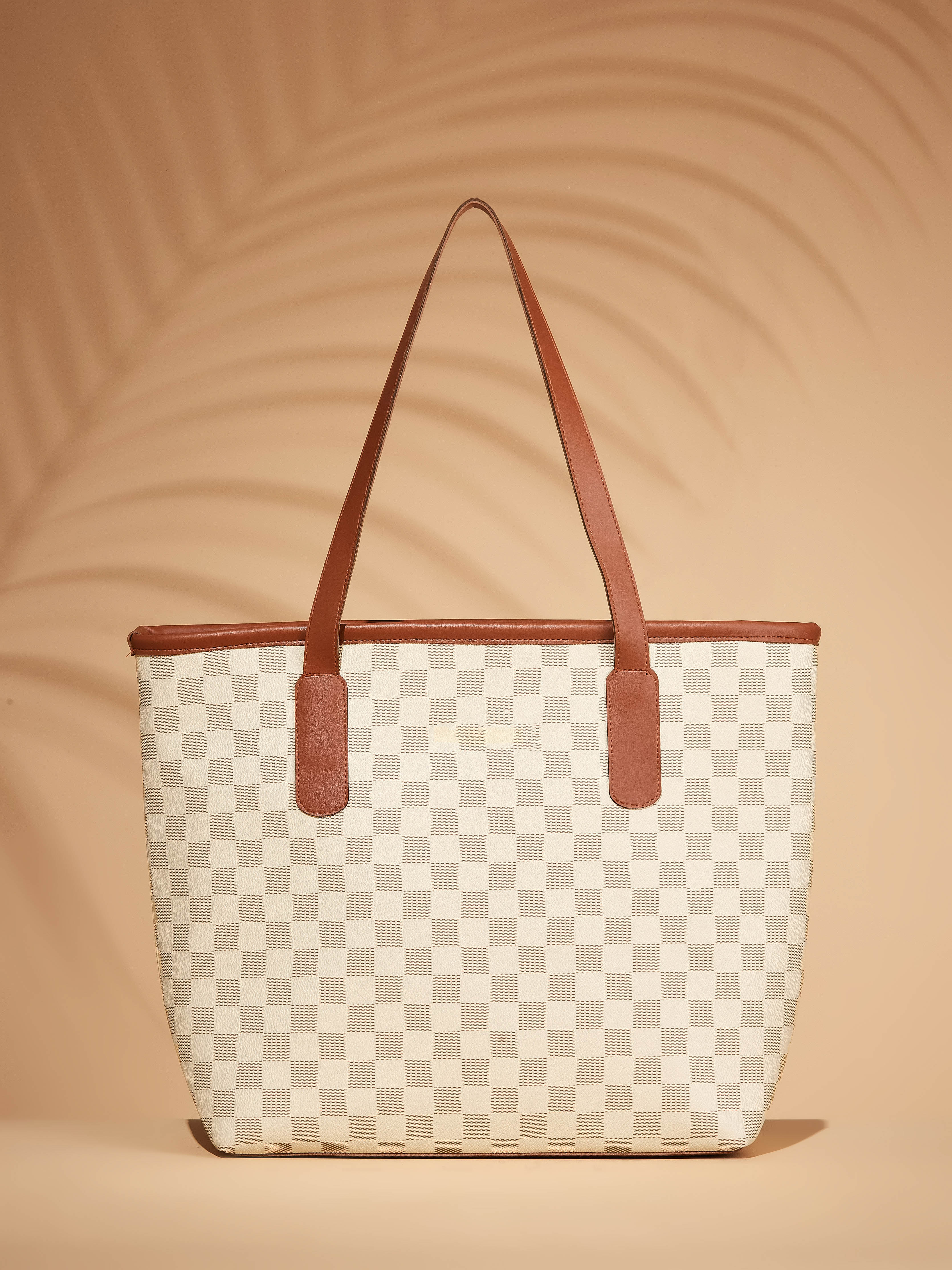 Checkered Vegan Leather Beige Women's Tote
