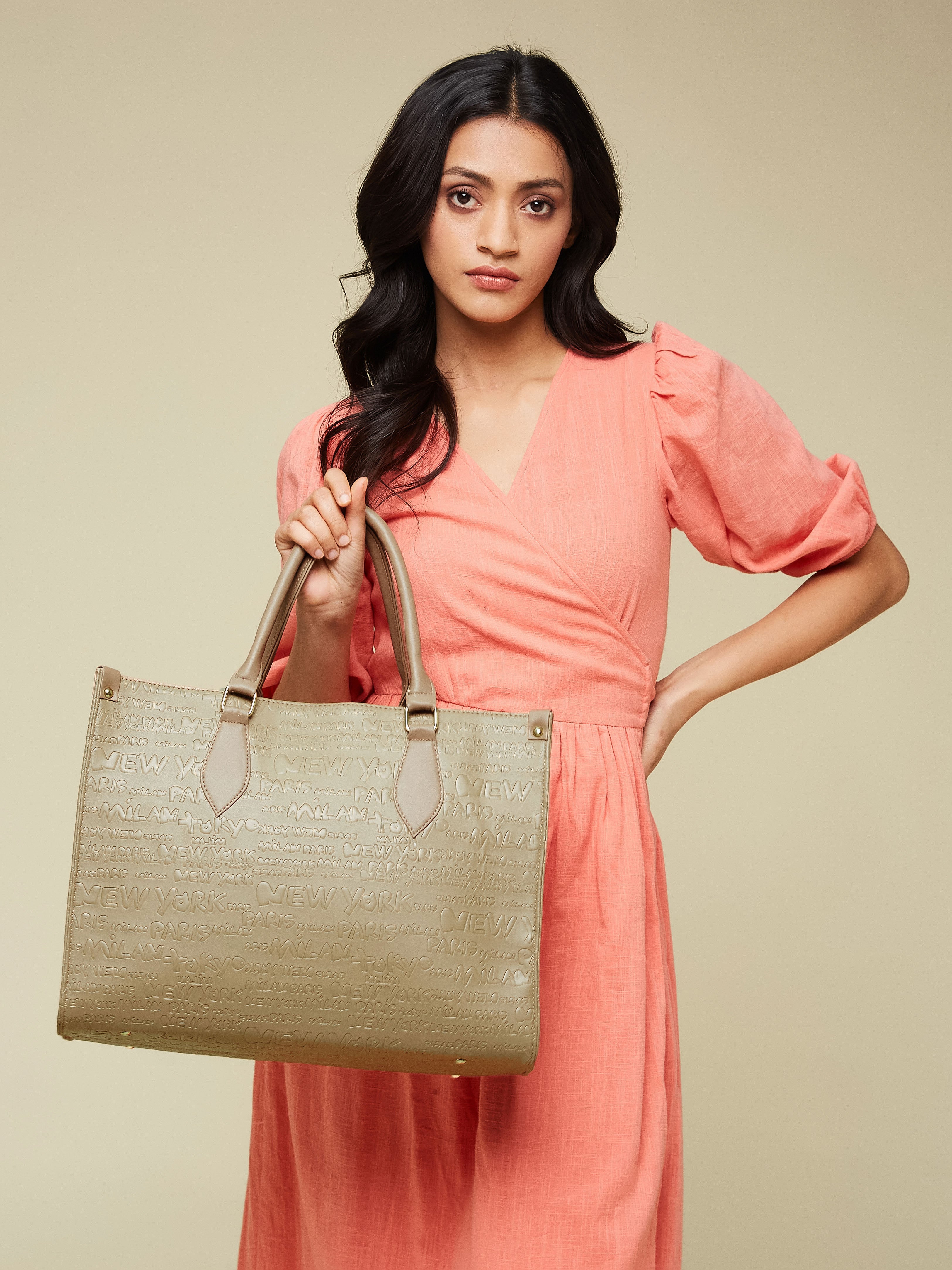 Vegan Leather Beige Women's Typography Tote