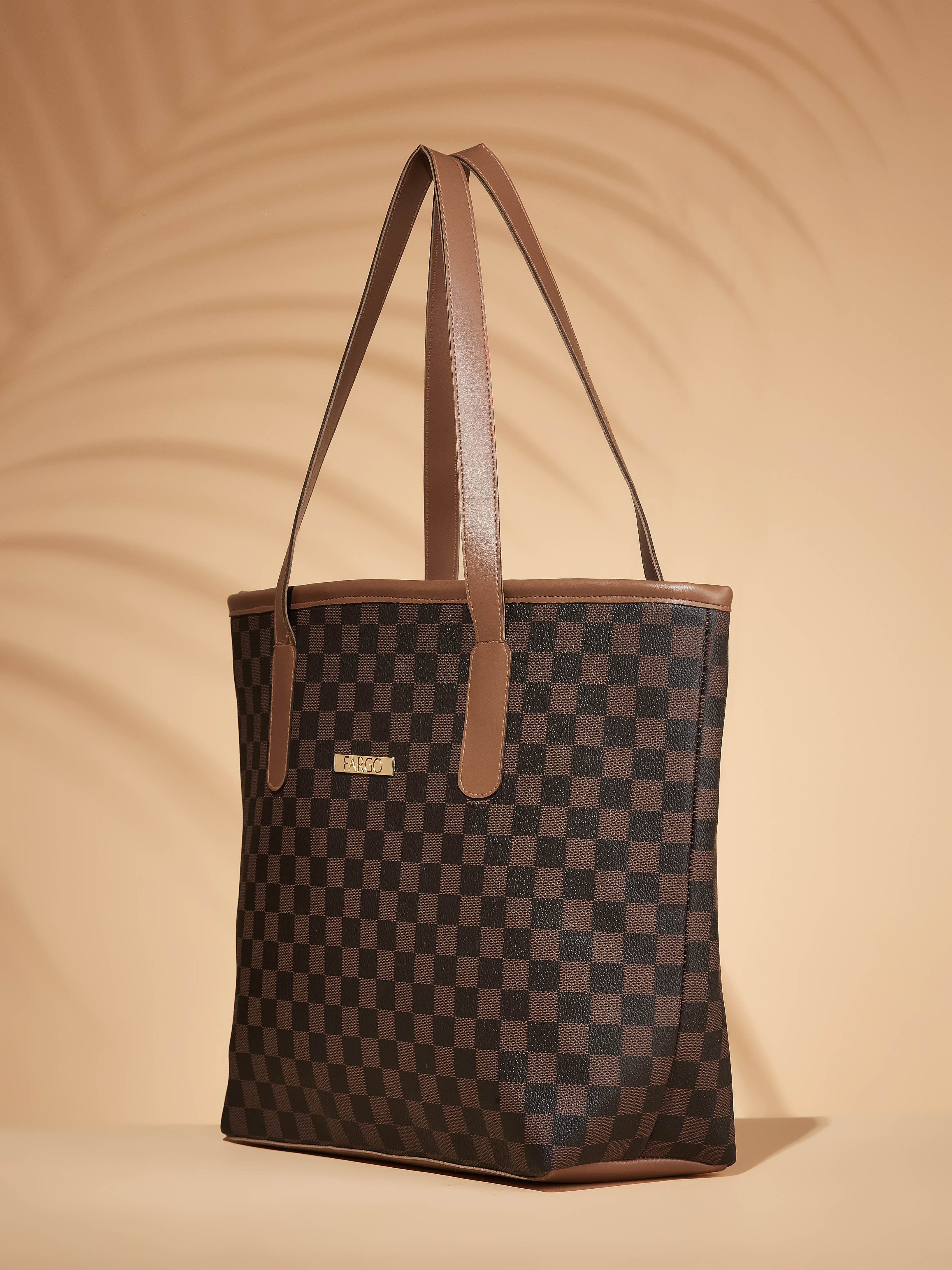 Checkered Vegan Leather Brown Women's Tote