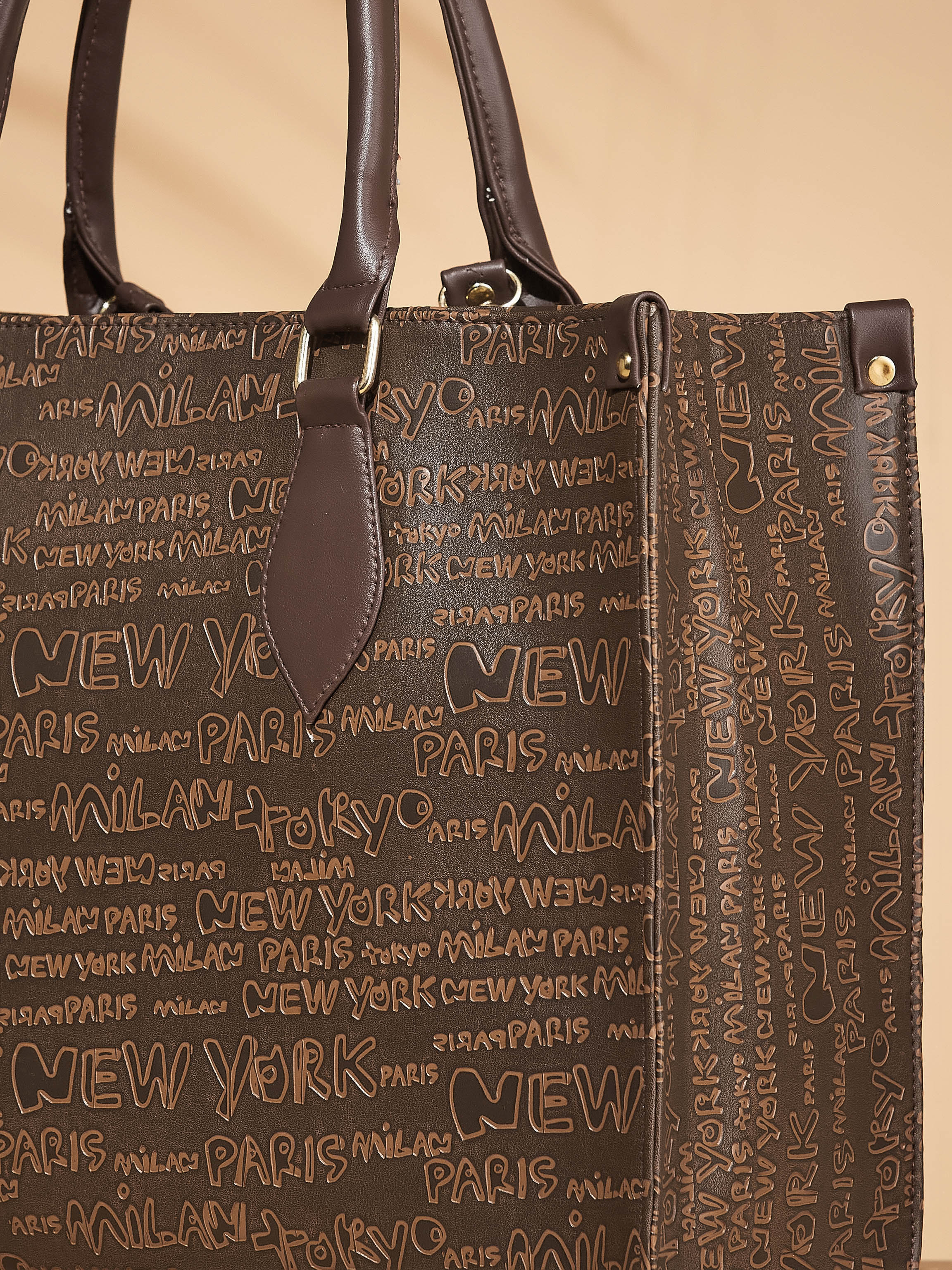 Vegan Leather Brown Women's Typography Tote