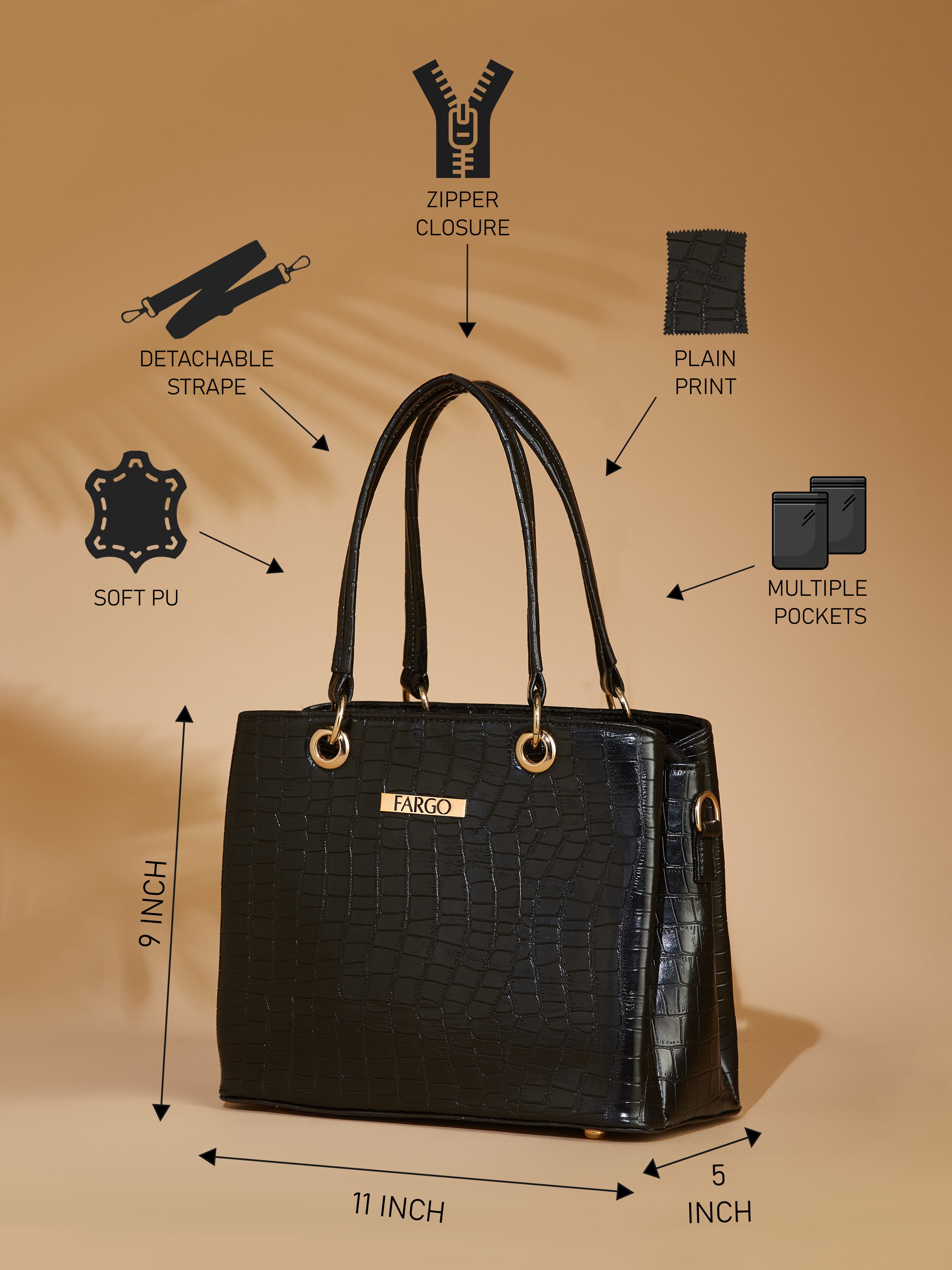 Croco Vegan Leather Black Women's Handbag