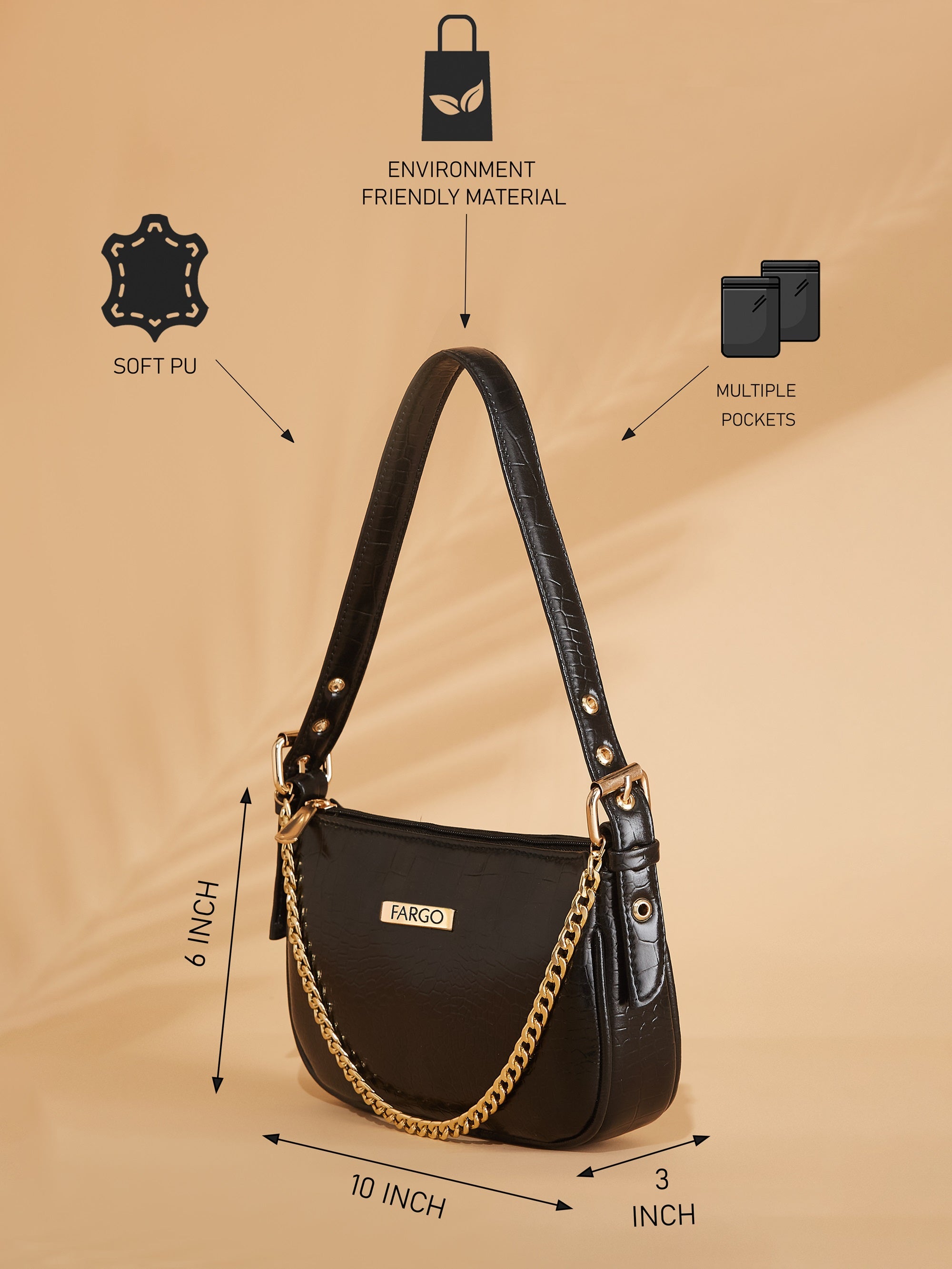 croco vegan leather black women's shoulder bag