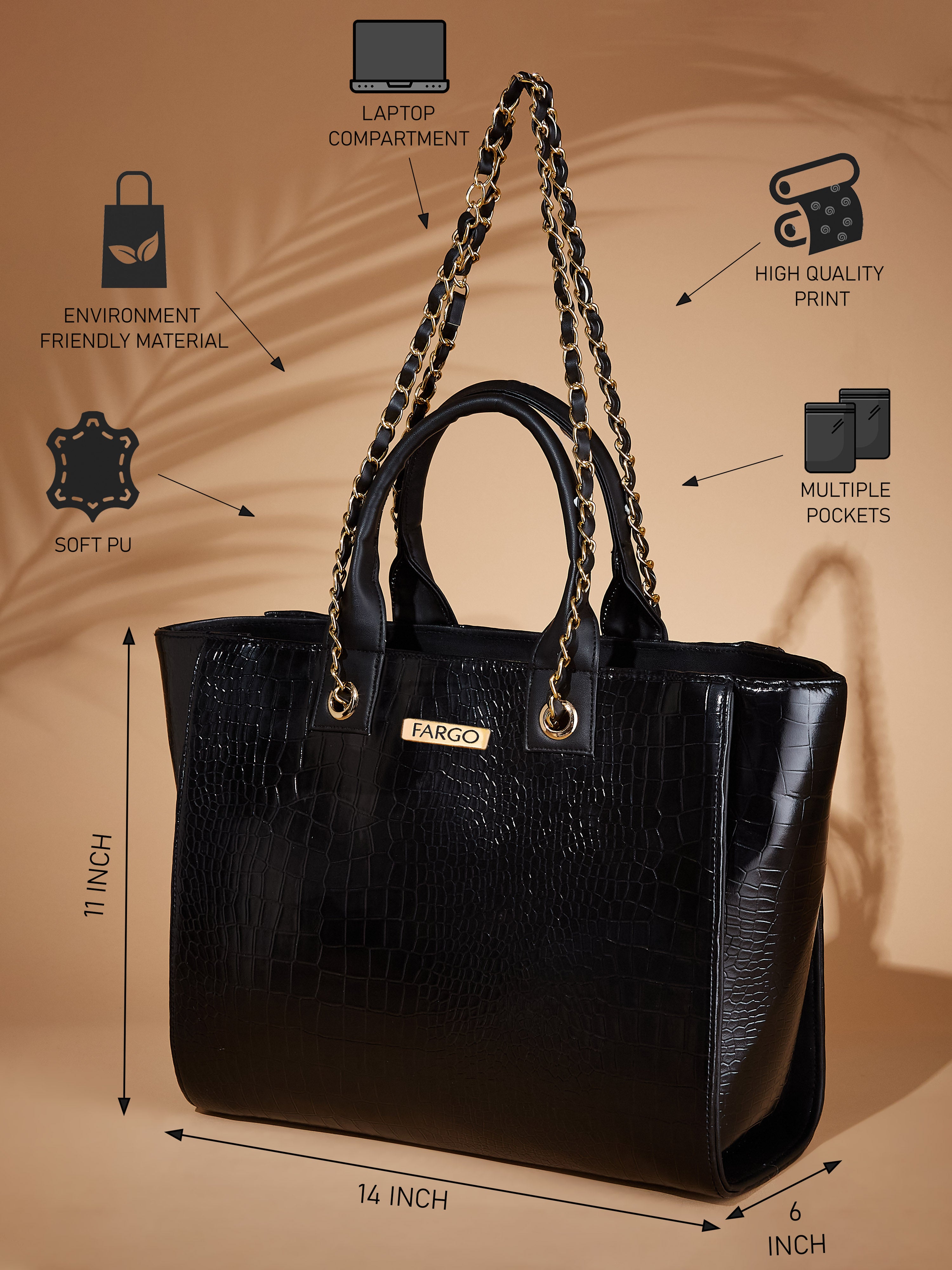 Croco vegan leather black women's tote