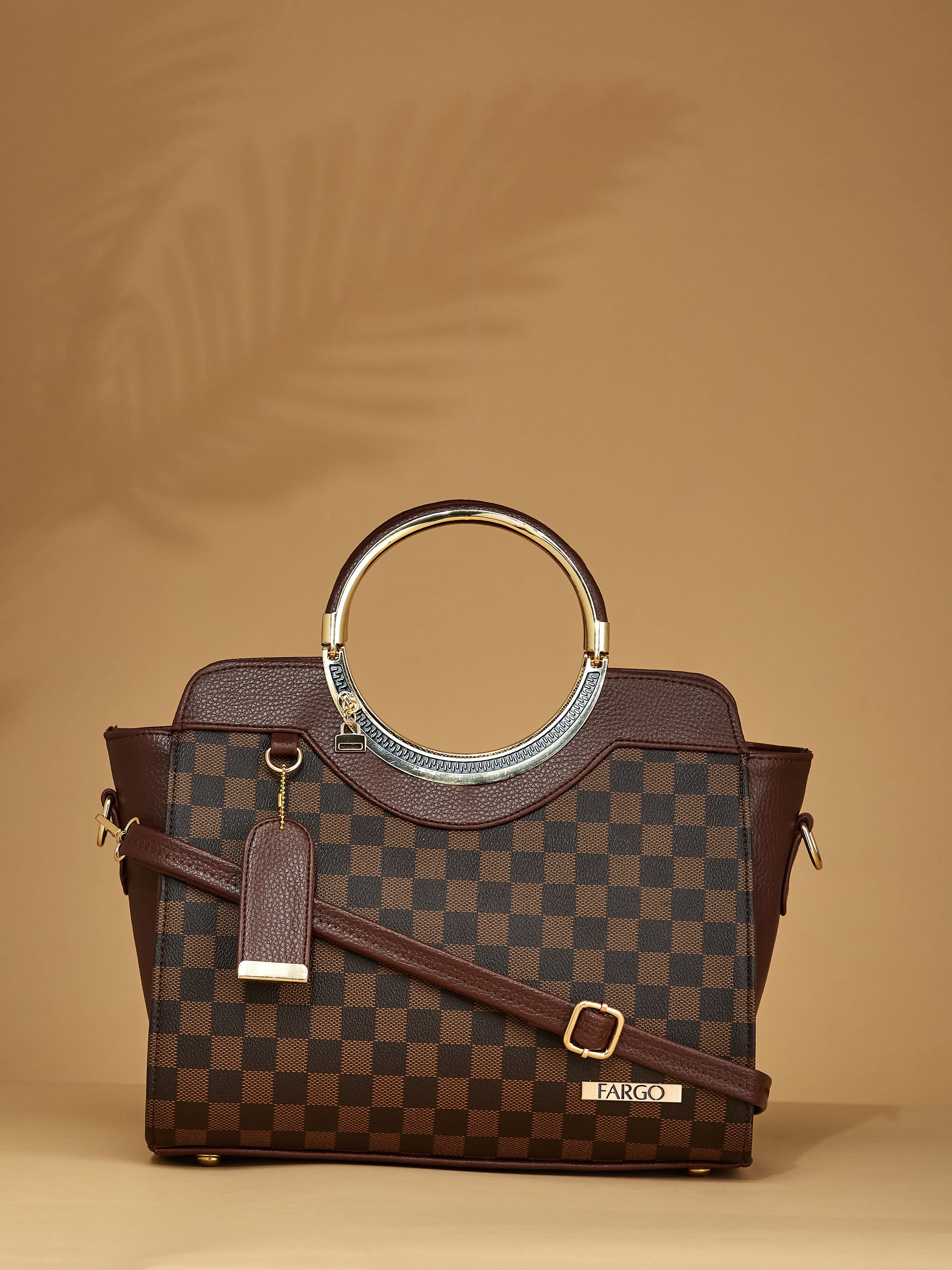 Checkered Vegan Leather Brown Women's Handbag