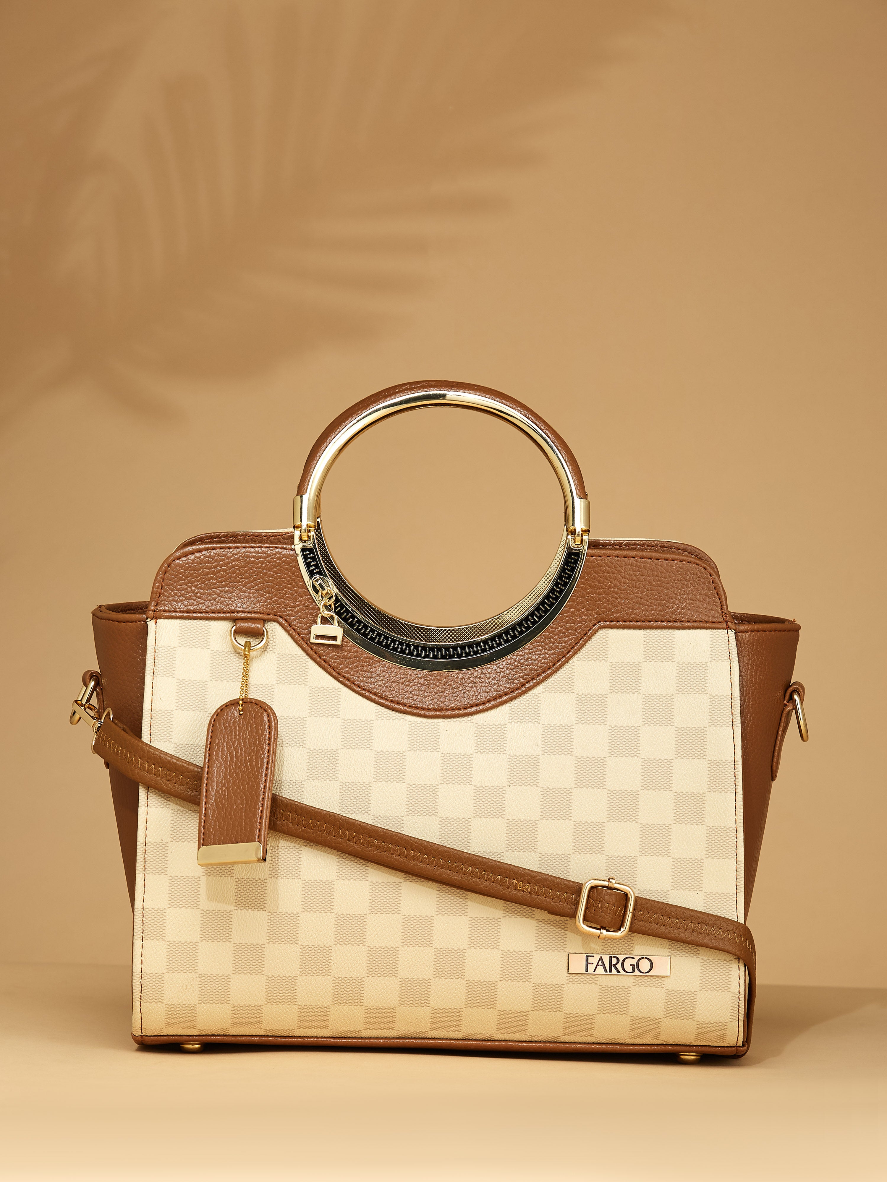 Checkered Vegan Leather Beige Women's Handbag
