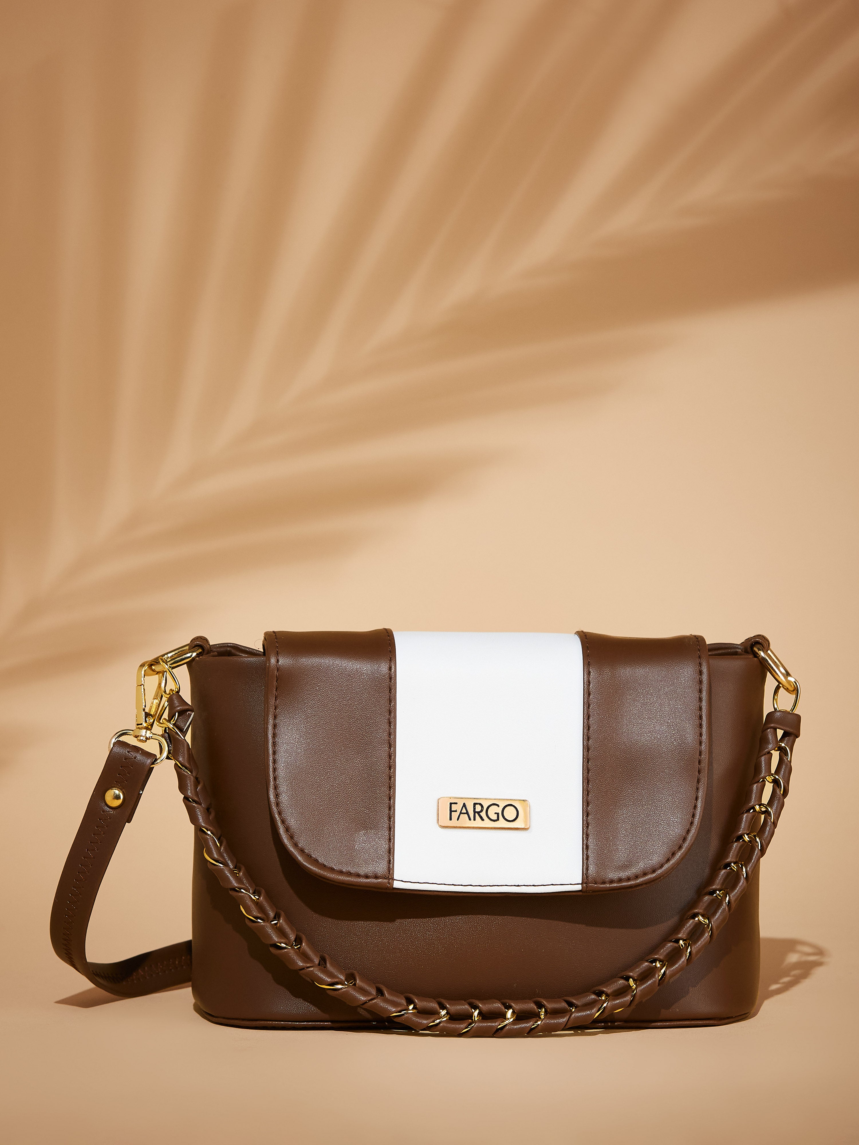 Vegan Leather Women's White Strip Brown Shoulder Bag