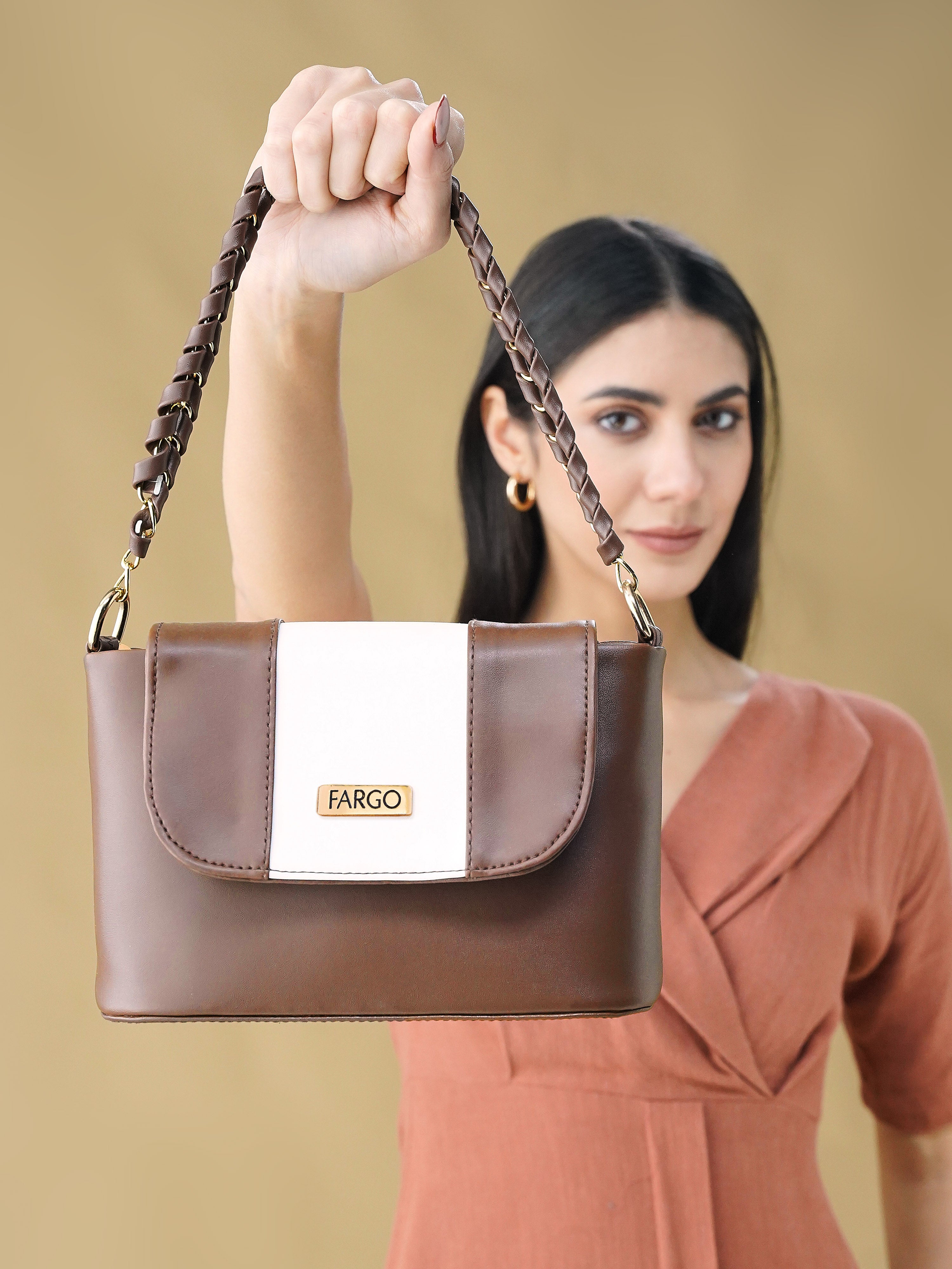 Vegan Leather Women's White Strip Brown Shoulder Bag