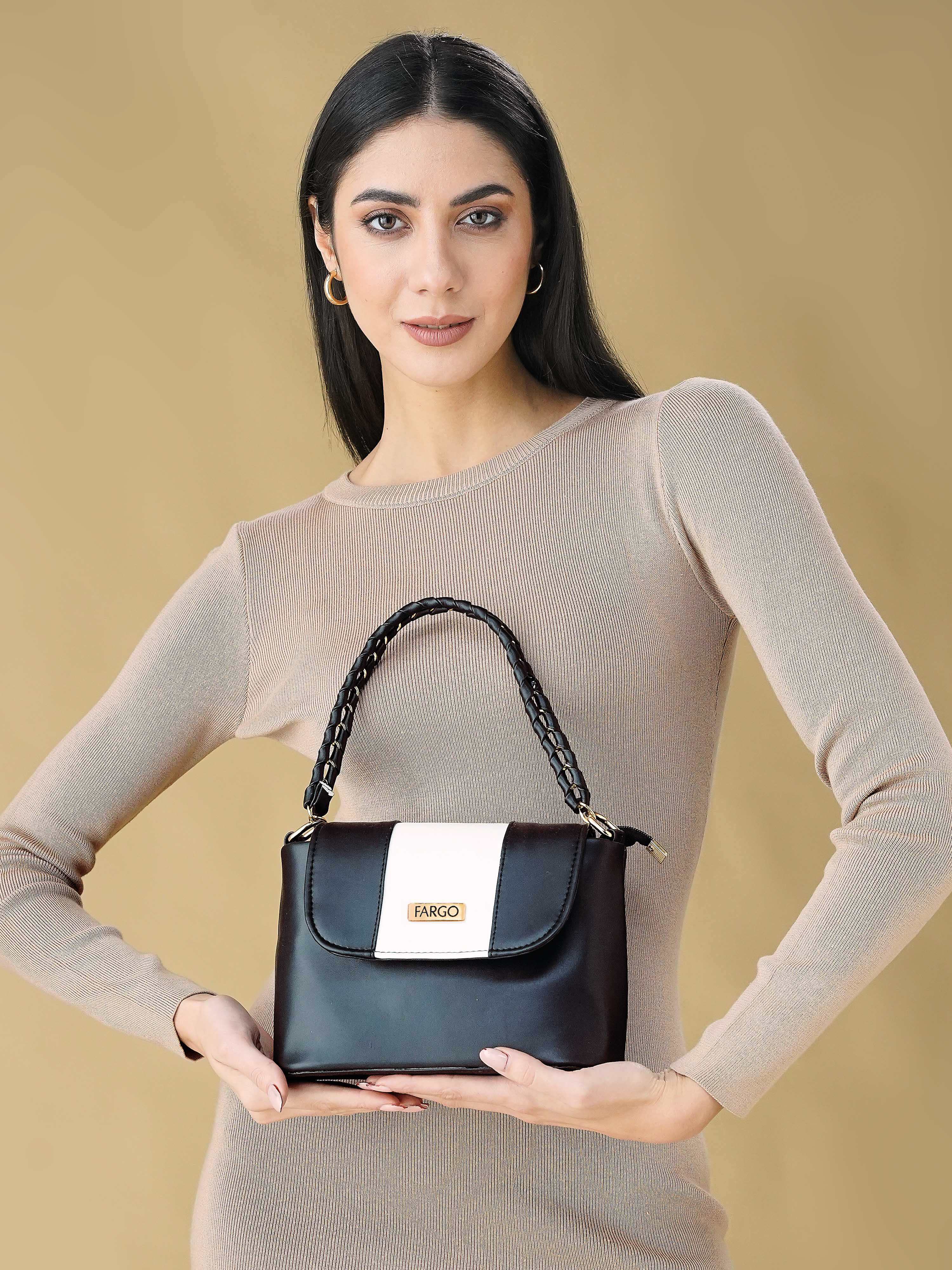 Vegan Leather Women's White Strip Black Shoulder Bag