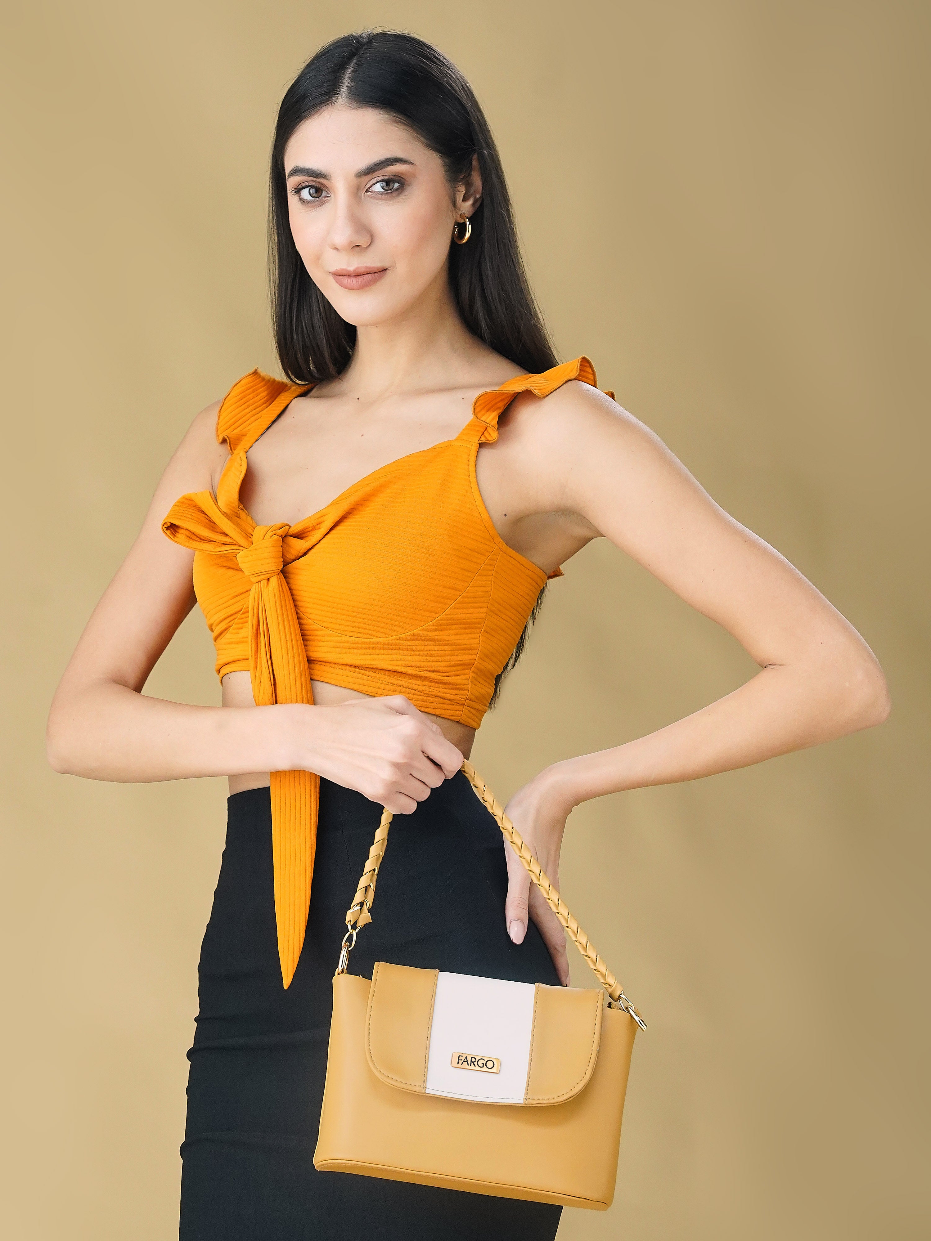 Vegan Leather Women's White Strip Yellow Shoulder Bag