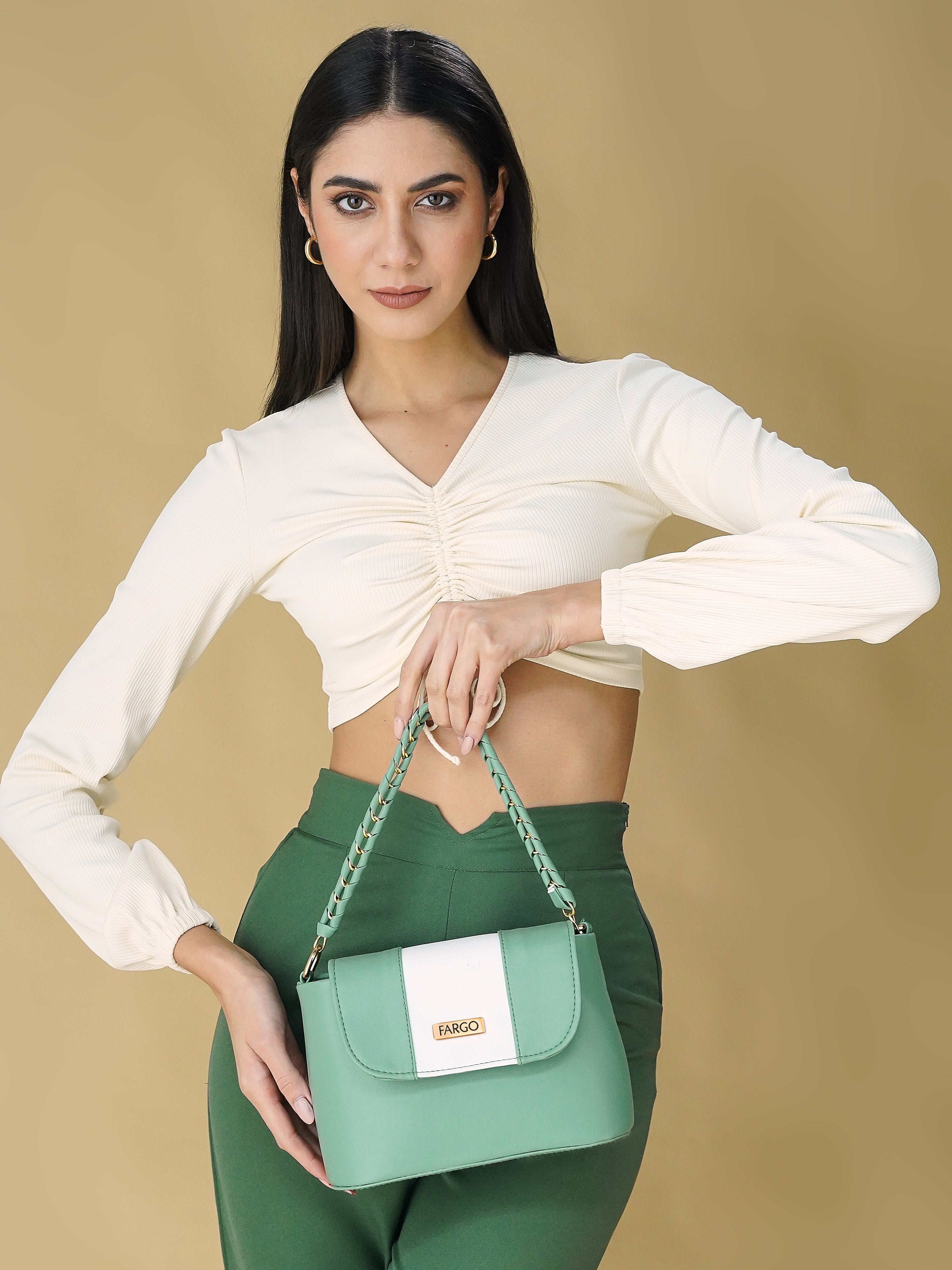 Vegan Leather Women's White Strip Green Shoulder Bag