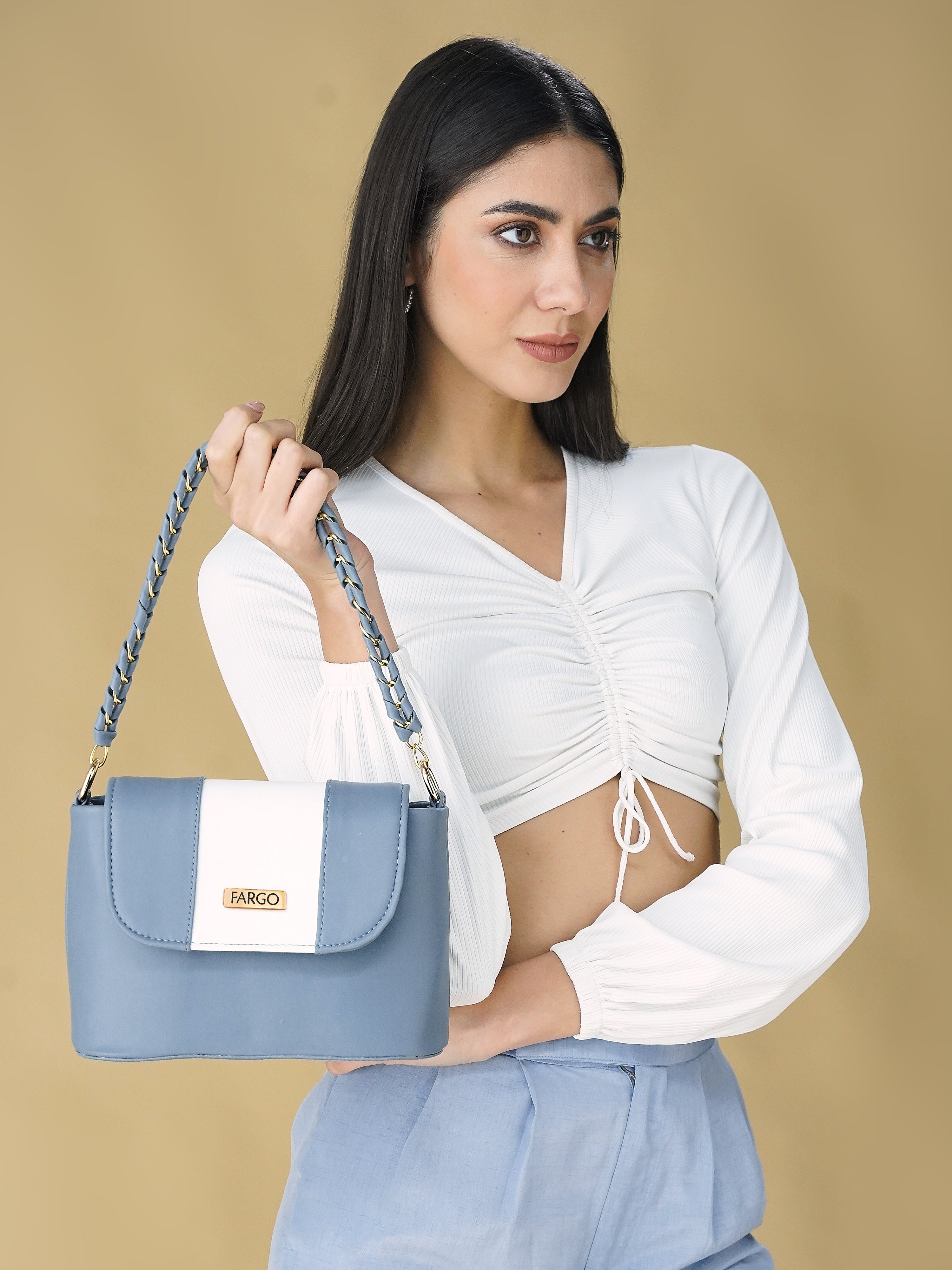 Vegan Leather Women's White Strip Grey Shoulder Bag