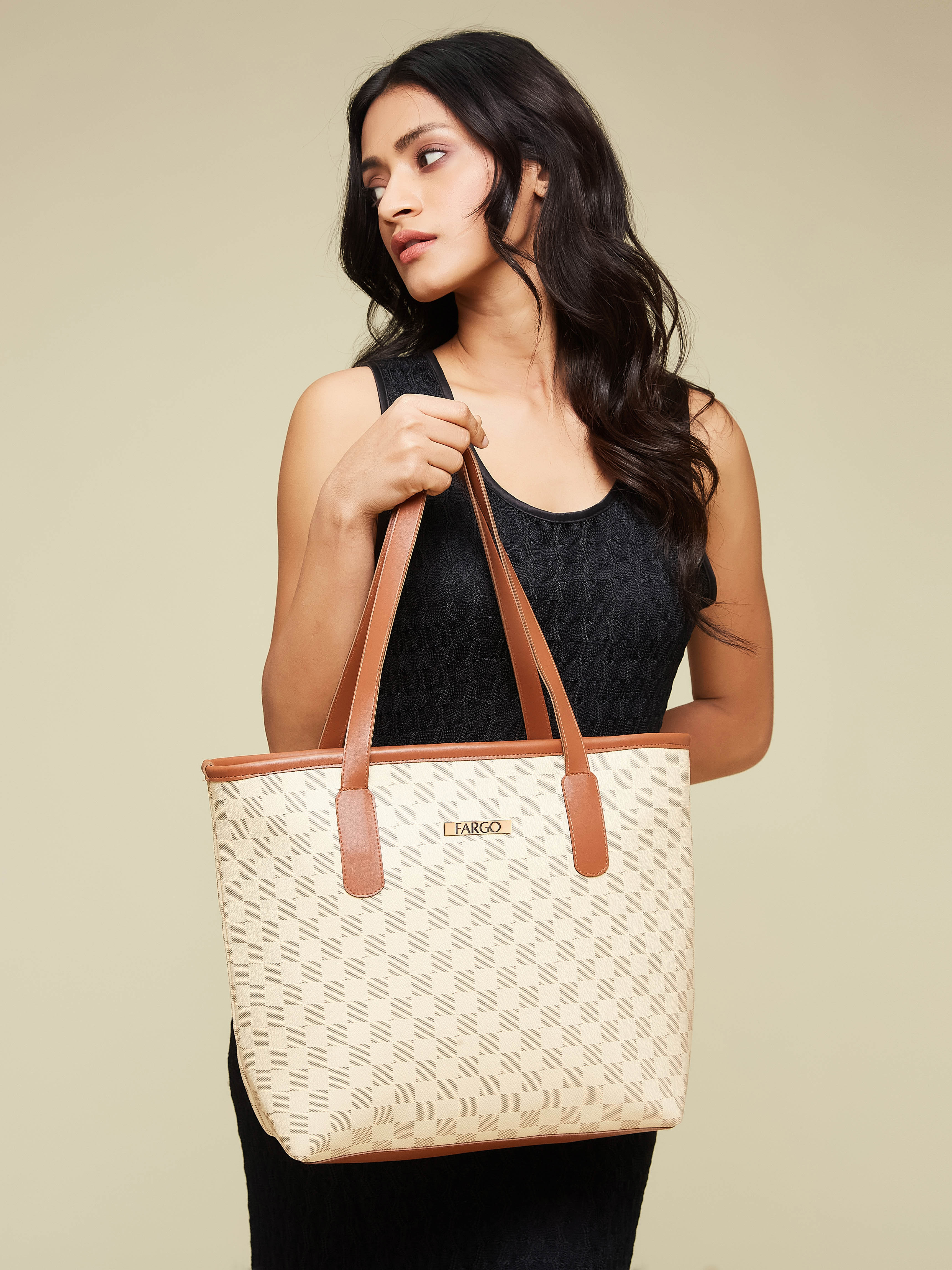 Checkered Vegan Leather Beige Women's Tote