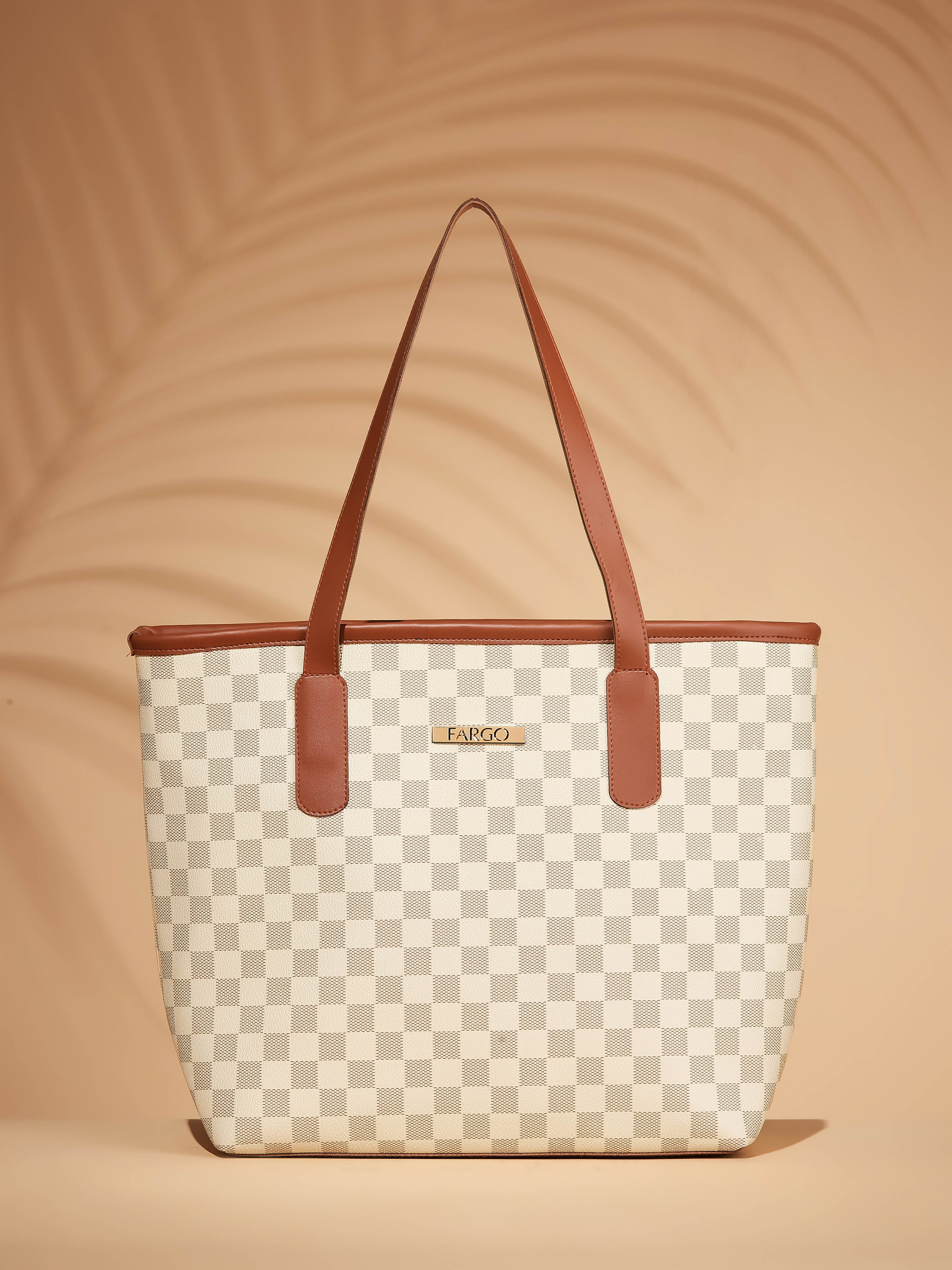 Checkered Vegan Leather Beige Women's Tote