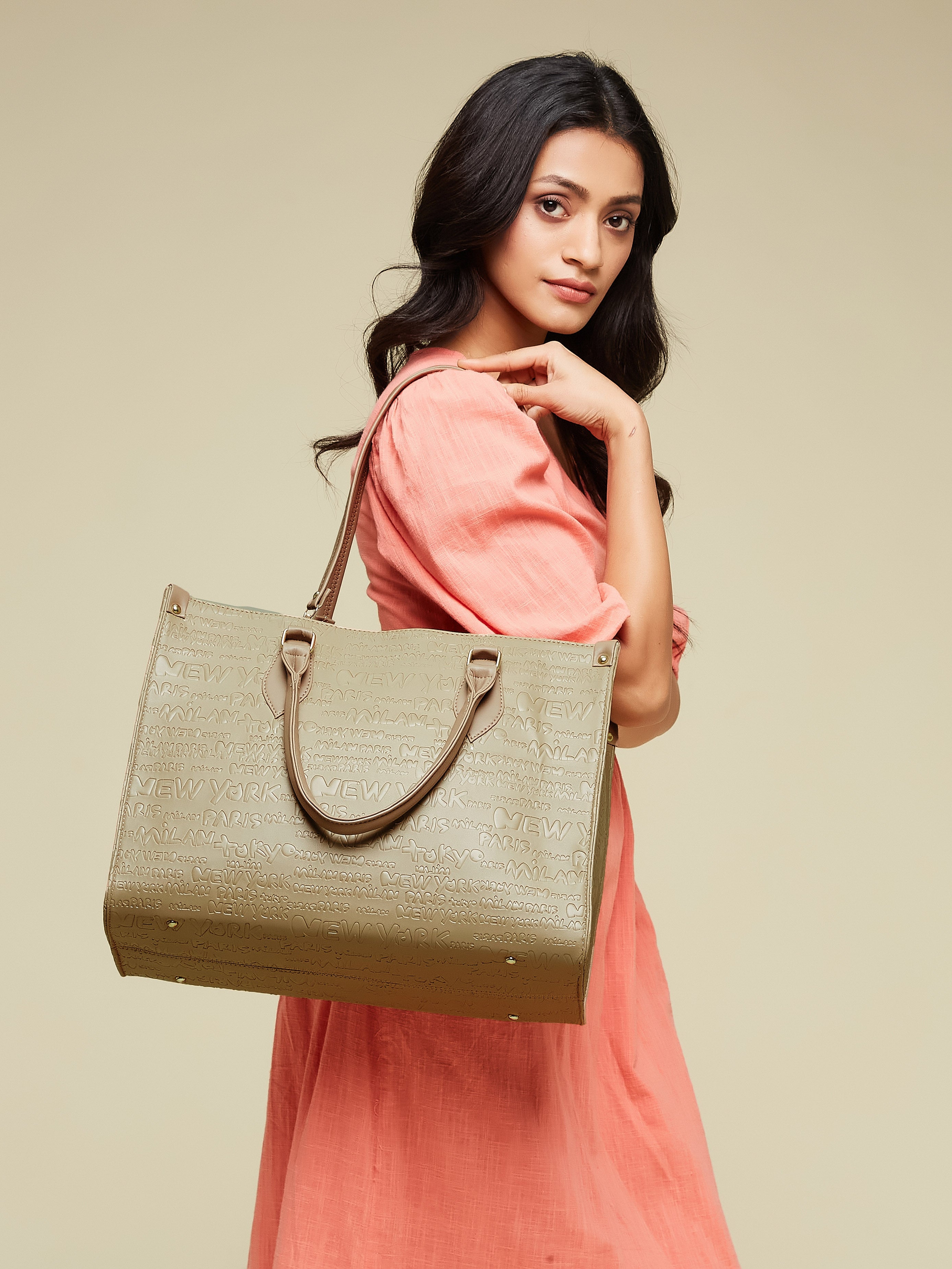 Vegan Leather Beige Women's Typography Tote