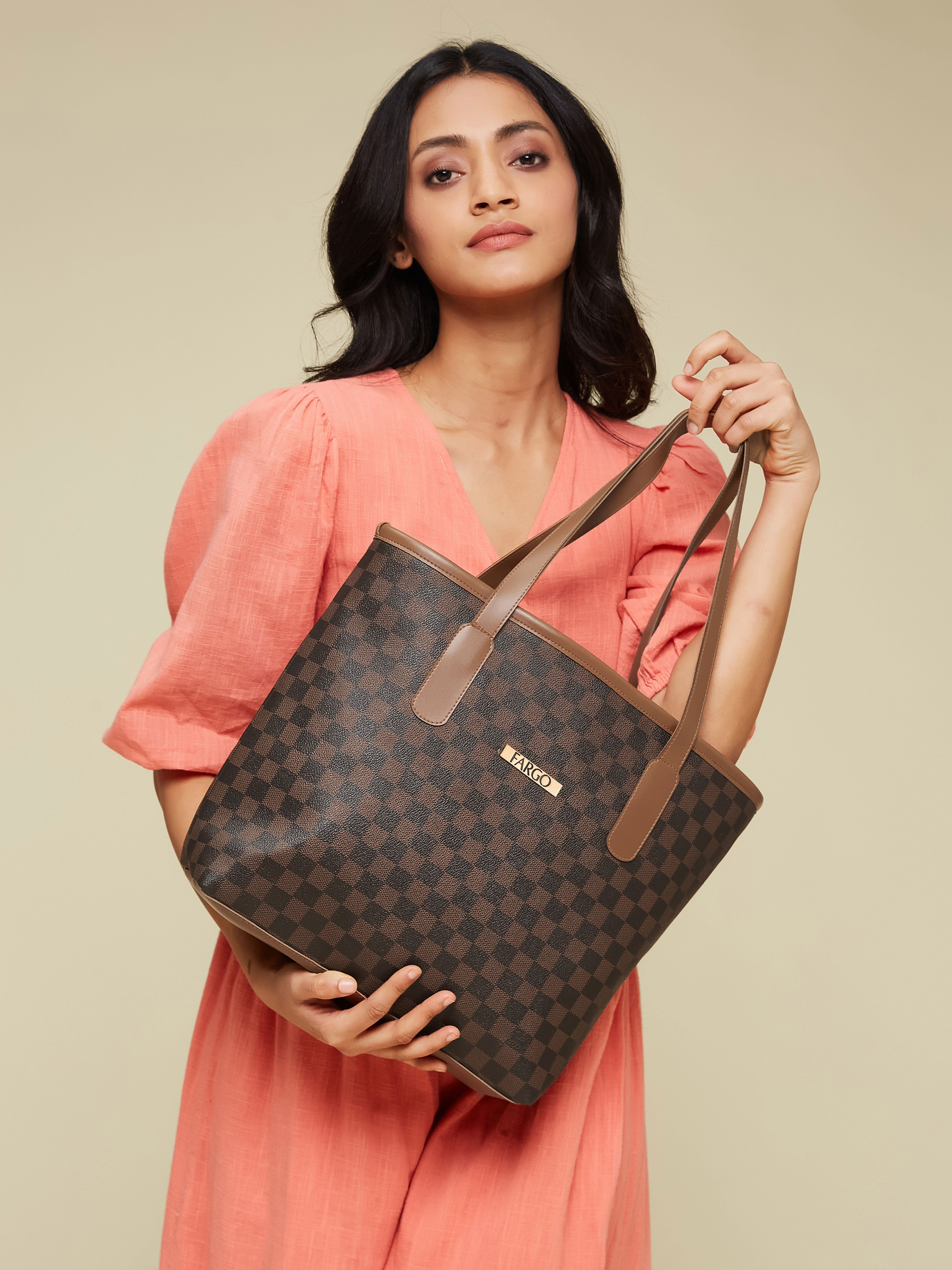 Checkered Vegan Leather Brown Women's Tote