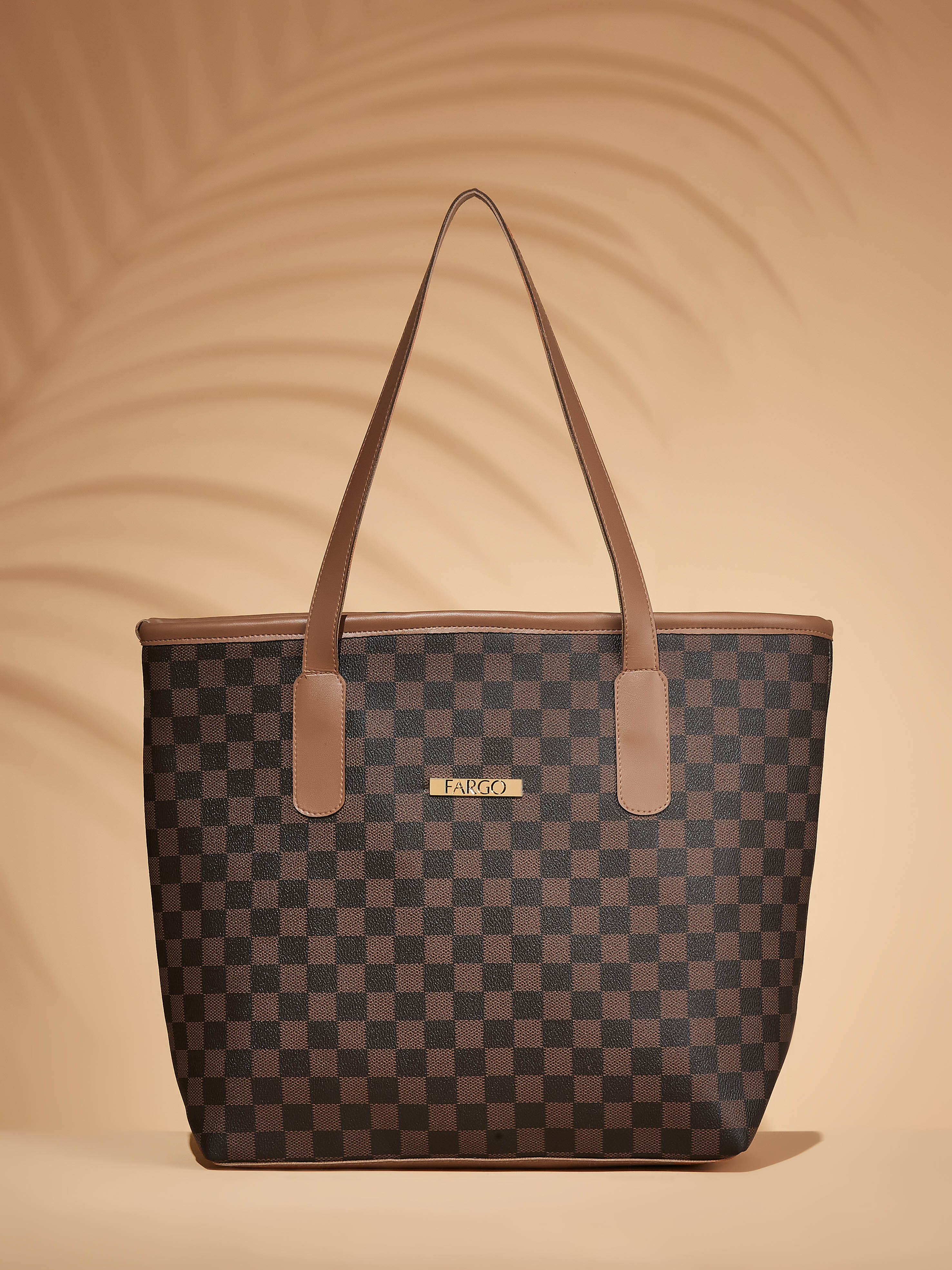 Checkered Vegan Leather Brown Women's Tote