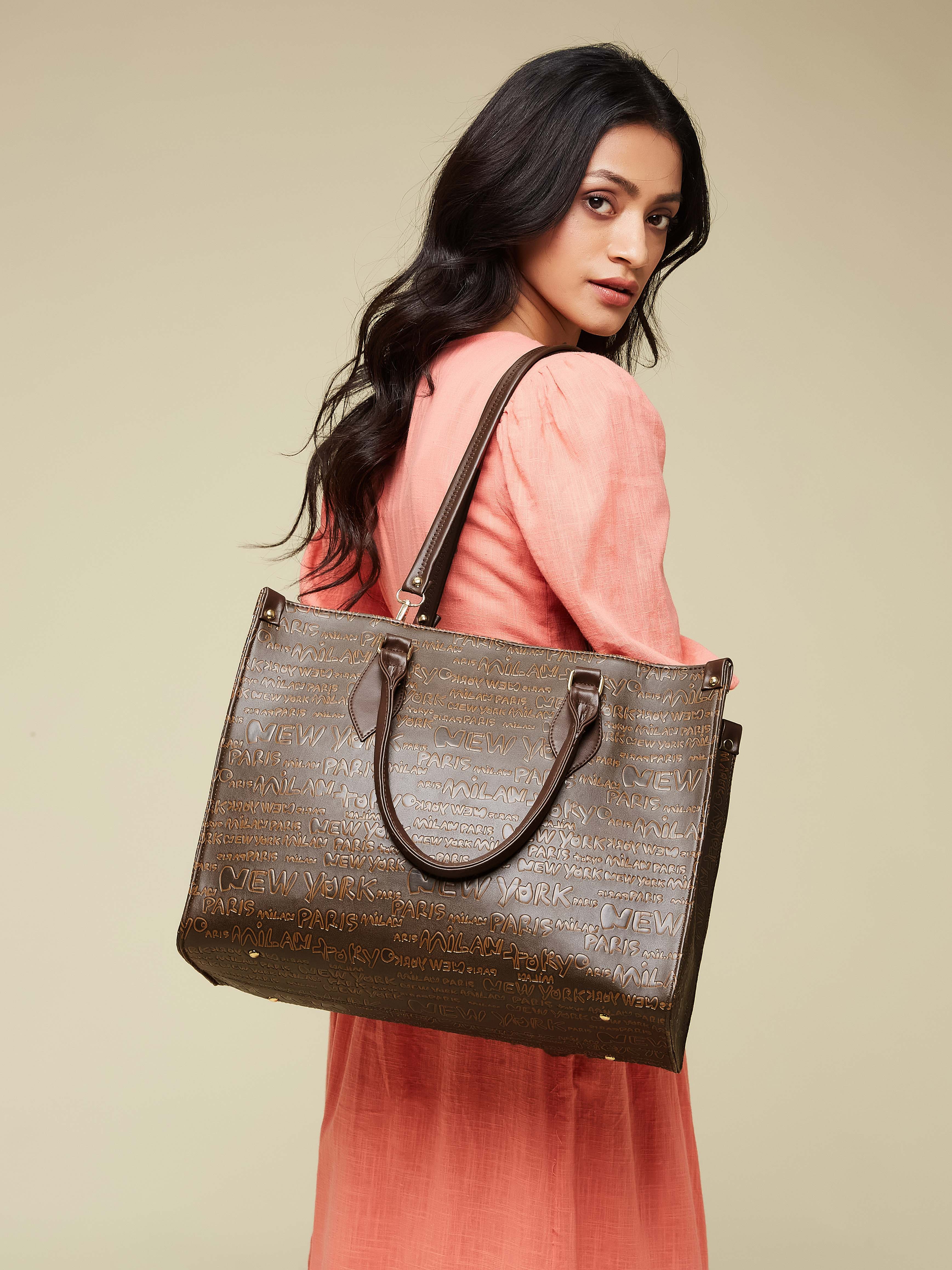 Vegan Leather Brown Women's Typography Tote