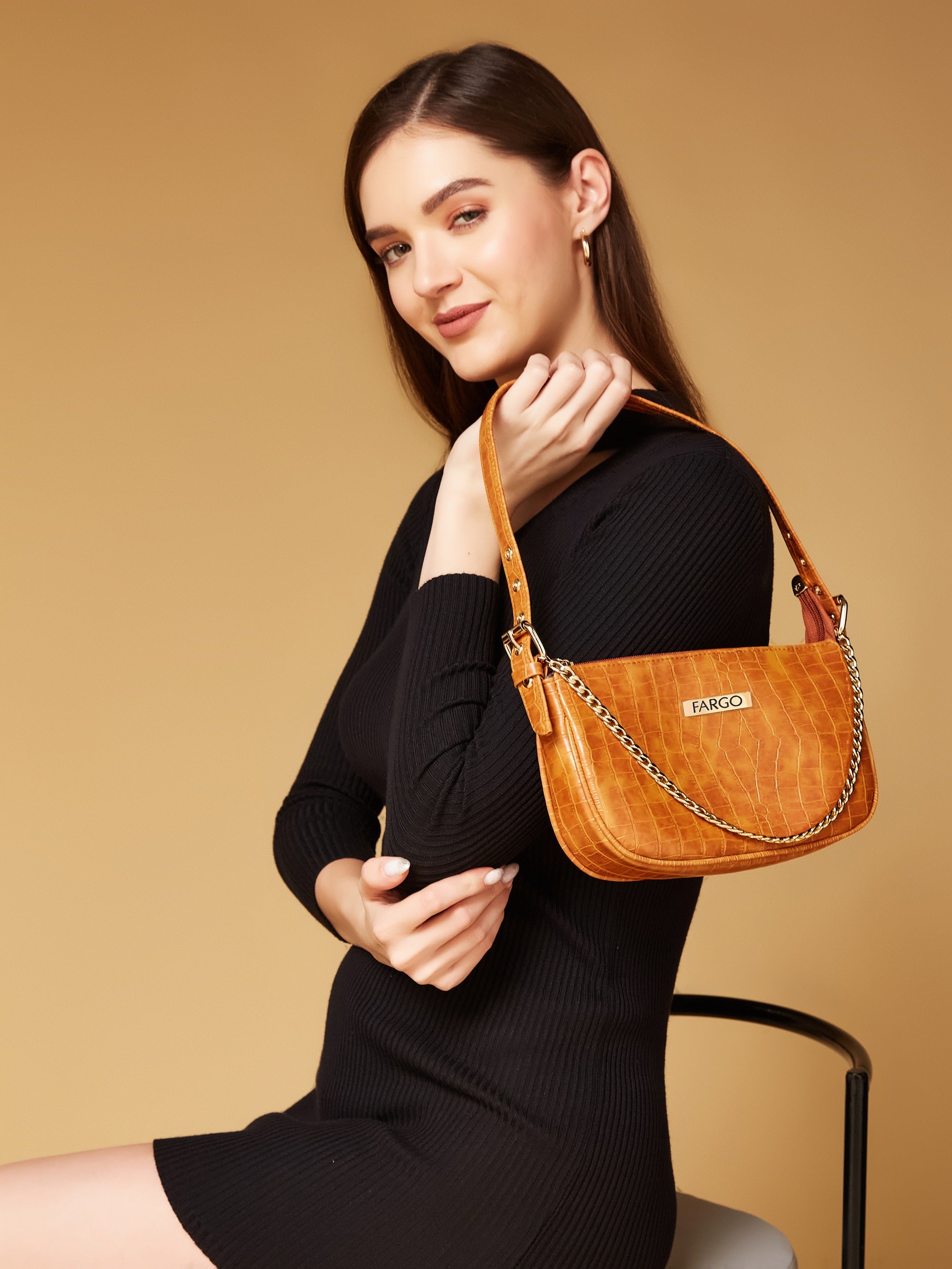 croco vegan leather yellow women's shoulder bag