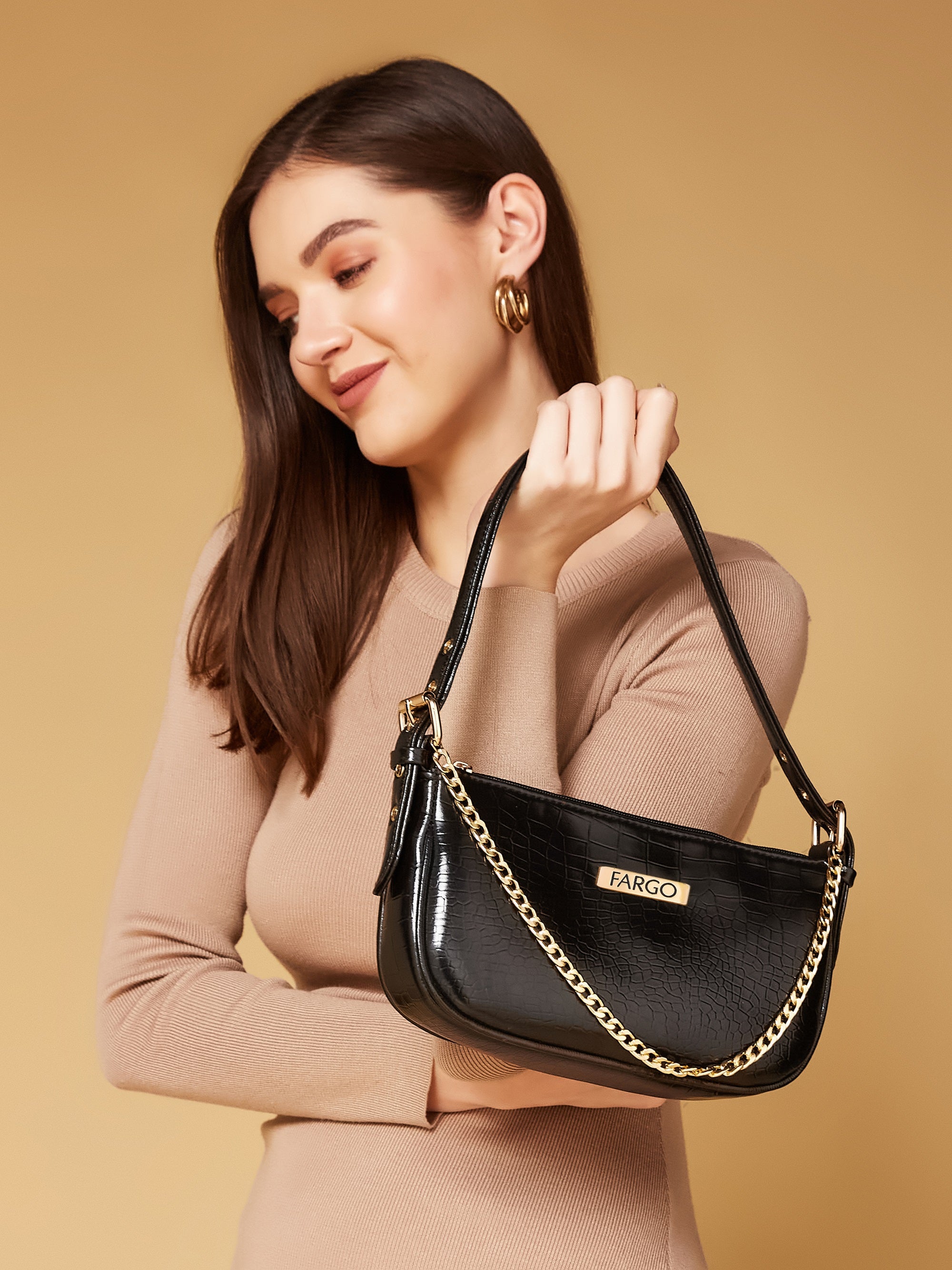 croco vegan leather black women's shoulder bag