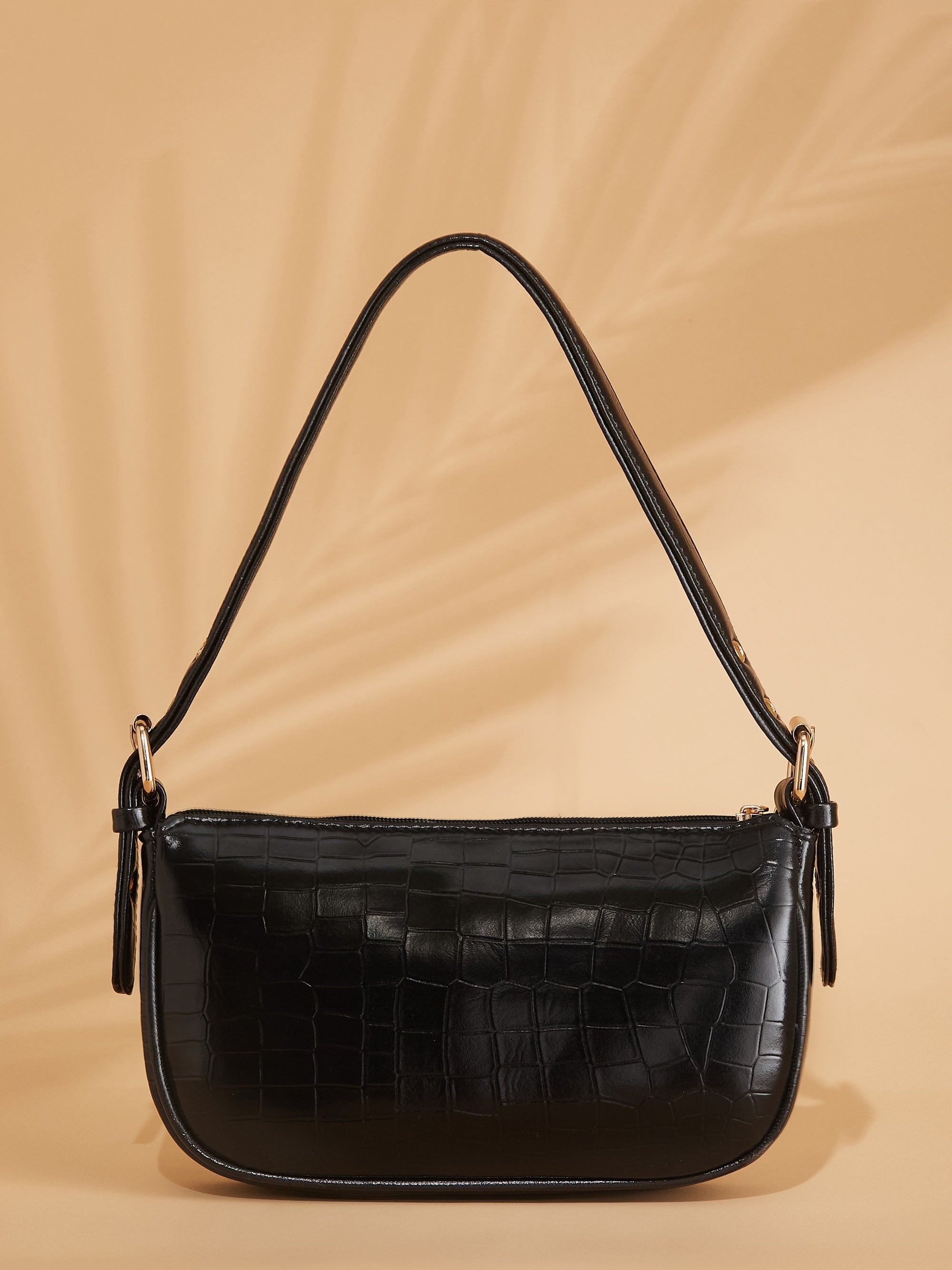 croco vegan leather black women's shoulder bag