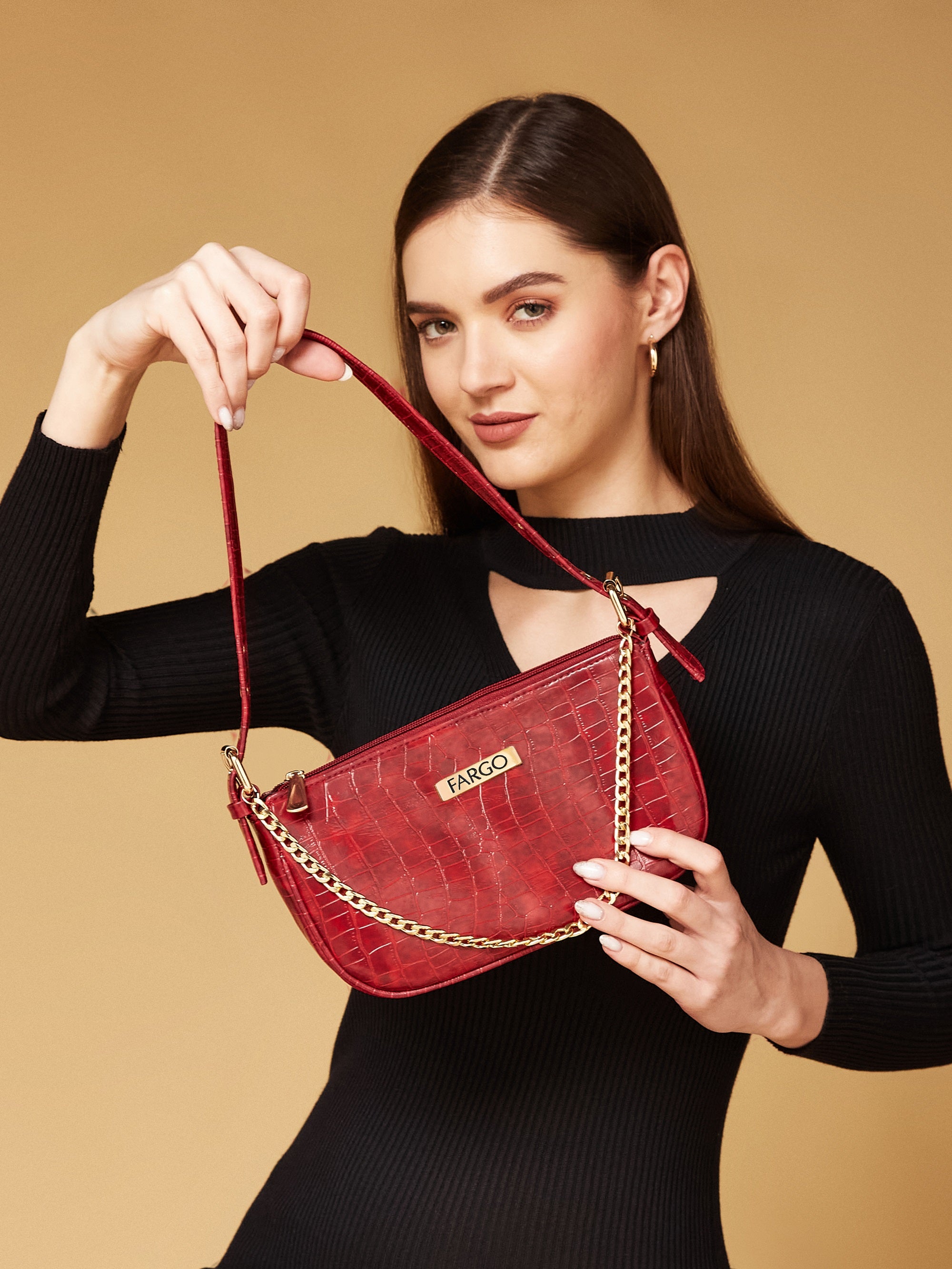 croco vegan leather maroon women's shoulder bag