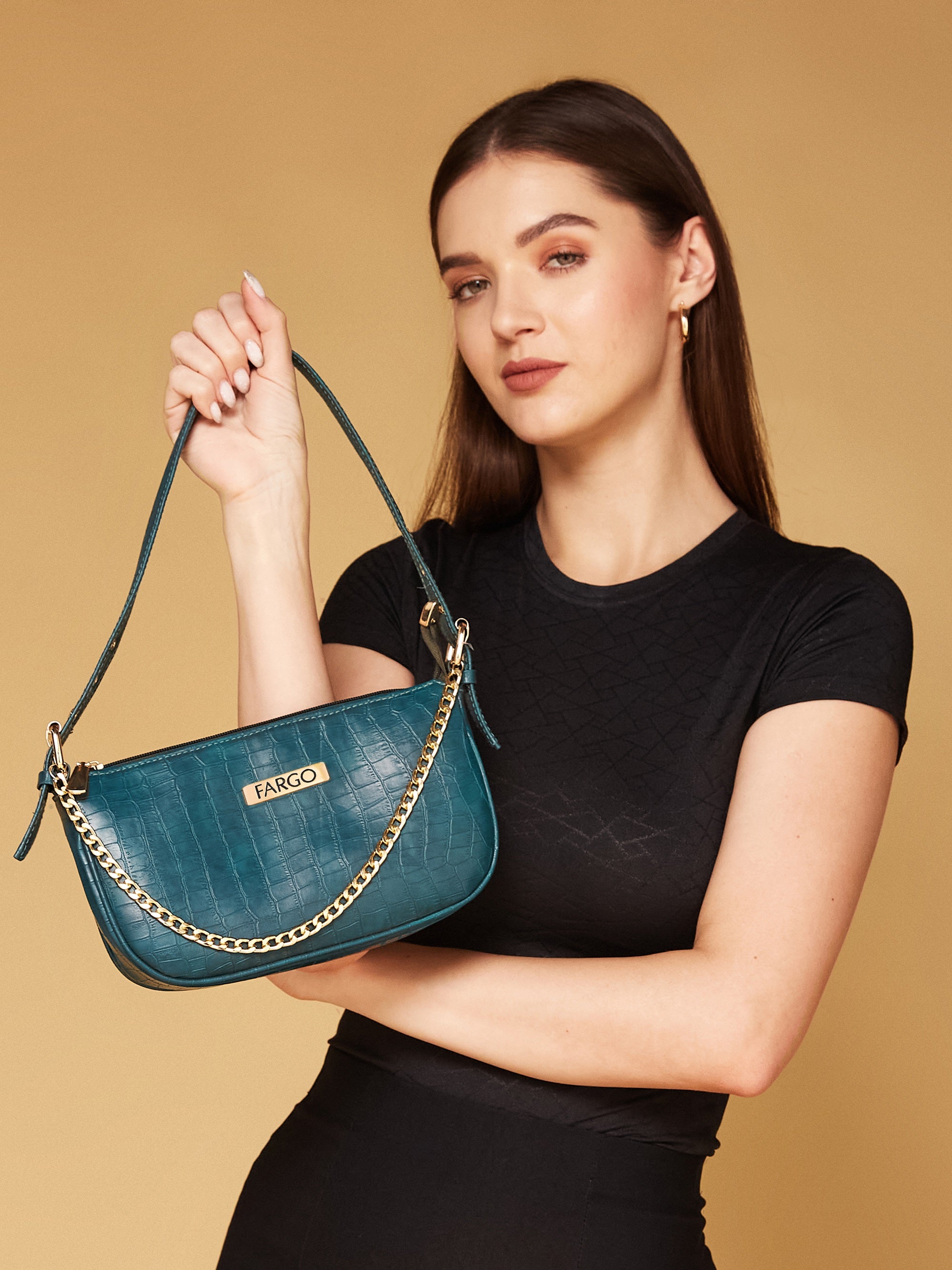 croco Vegan Leather blue women's shoulder bag