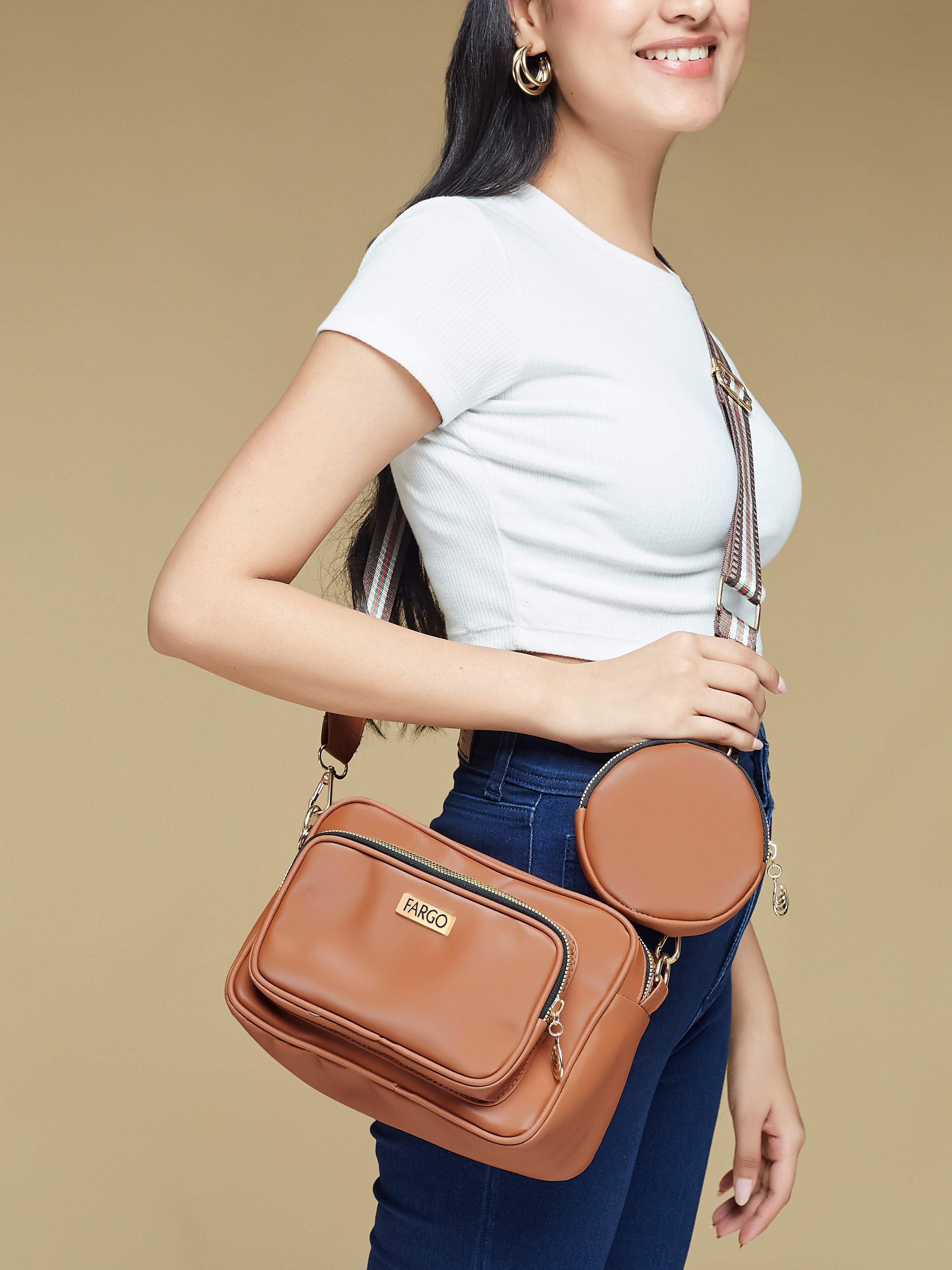 Vegan leather tan women's crossbody bag