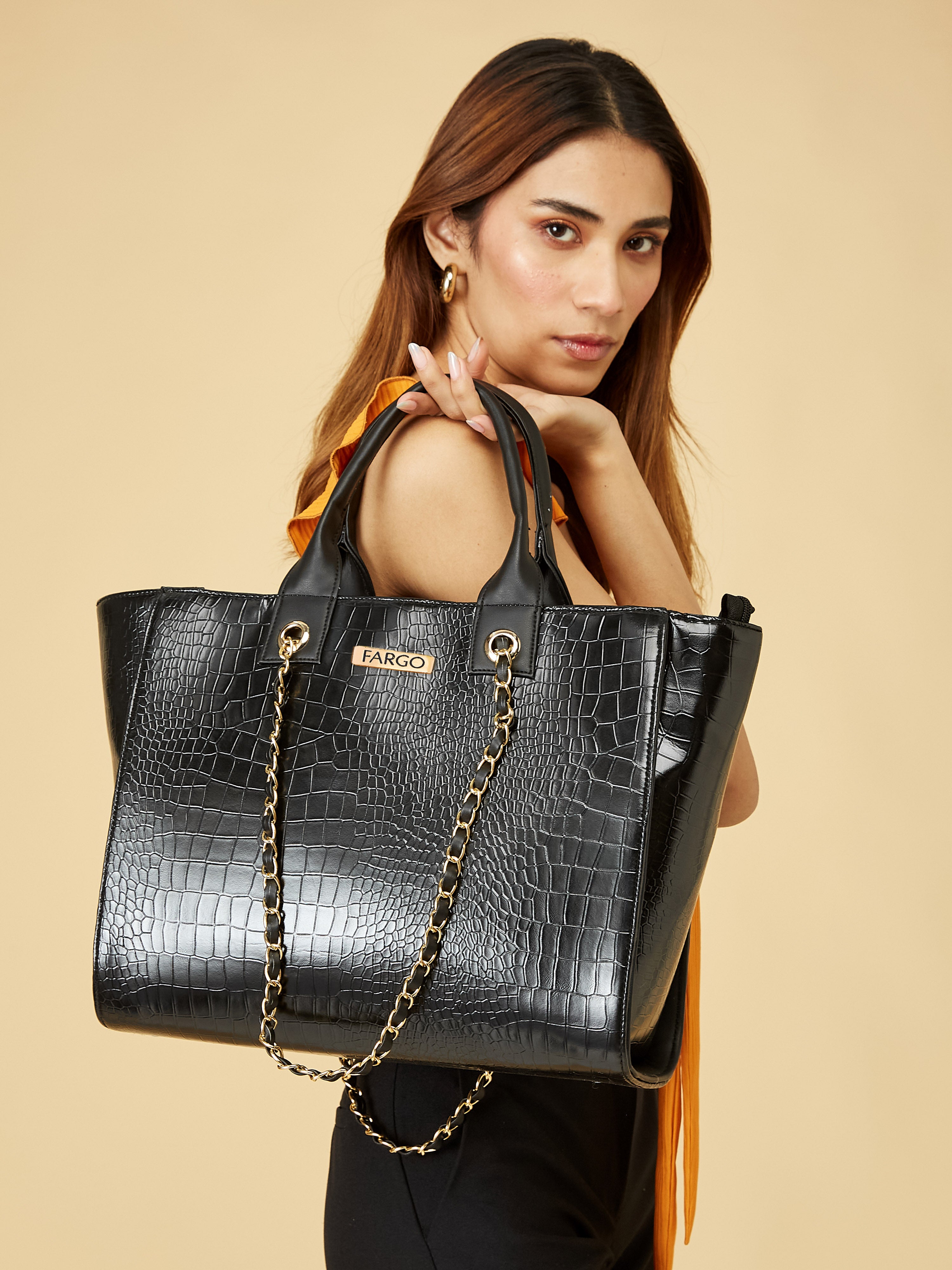 Croco vegan leather black women's tote